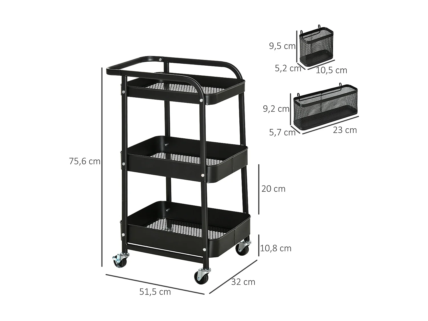 Desserte chariot de rangement en métal à roulettes 3 niveaux avec 2 range-couverts 4 crochets dim.51,5L x 32l x 75,6H cm - noir