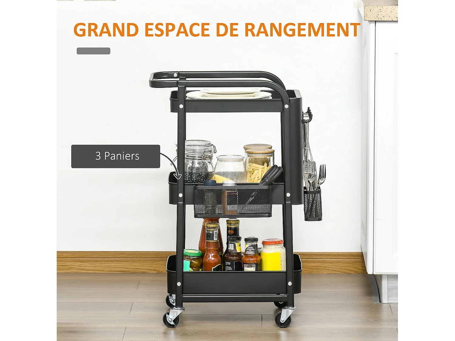 Desserte chariot de rangement en métal à roulettes 3 niveaux avec 2 range-couverts 4 crochets dim.51,5L x 32l x 75,6H cm - noir