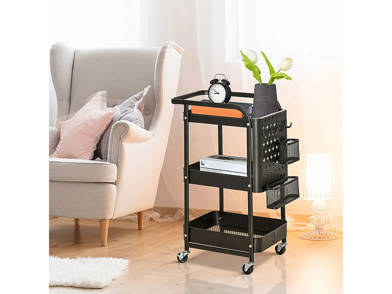 Desserte chariot de rangement en métal à roulettes 3 niveaux avec 2 range-couverts 4 crochets dim.51,5L x 32l x 75,6H cm - noir