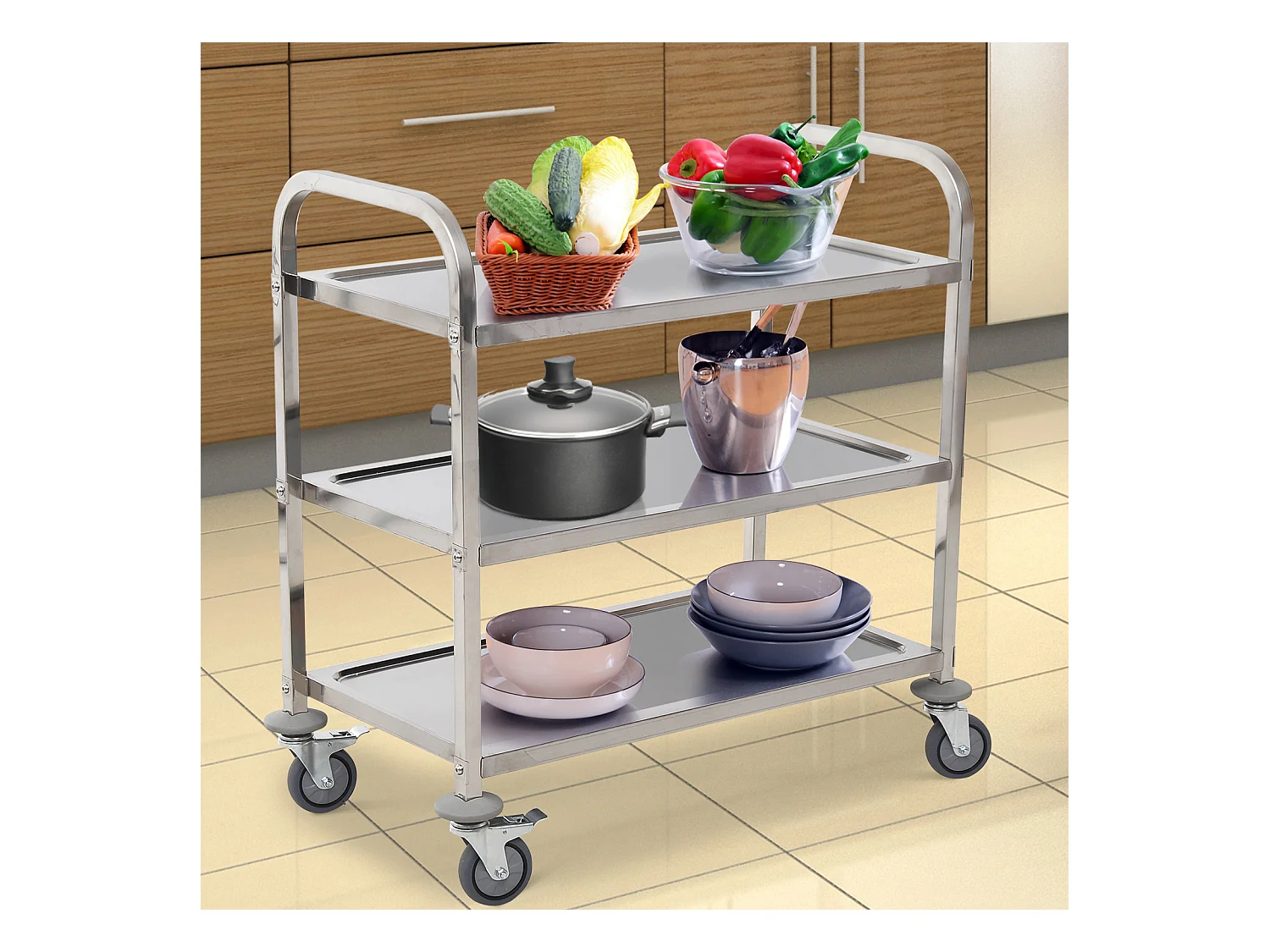 HOMCOM Chariot de service desserte de cuisine à roulettes 3 étagères 85L x 45l x 90H cm acier inox. chromé