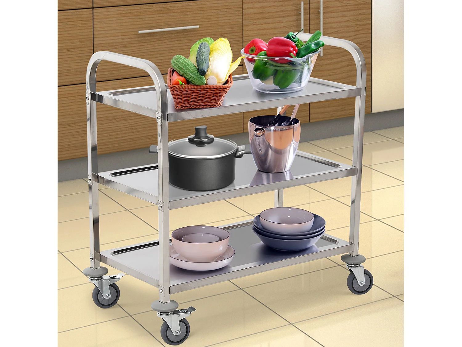 HOMCOM Chariot de service desserte de cuisine à roulettes 3 étagères 85L x 45l x 90H cm acier inox. chromé