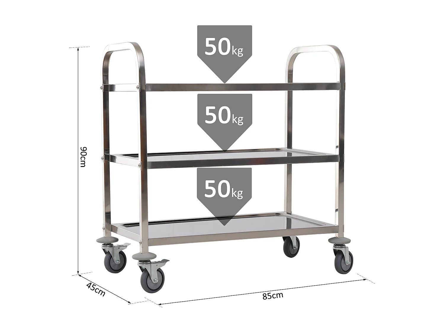 HOMCOM Chariot de service desserte de cuisine à roulettes 3 étagères 85L x 45l x 90H cm acier inox. chromé