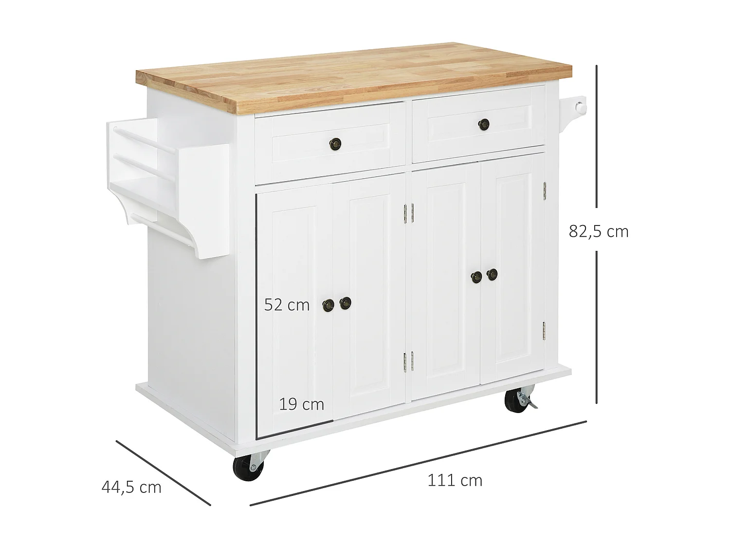 Desserte de cuisine multi rangements 2 tiroirs 2 placard 2 portes avec étagère range-bouteille porte-torchons MDF blanc hévéa