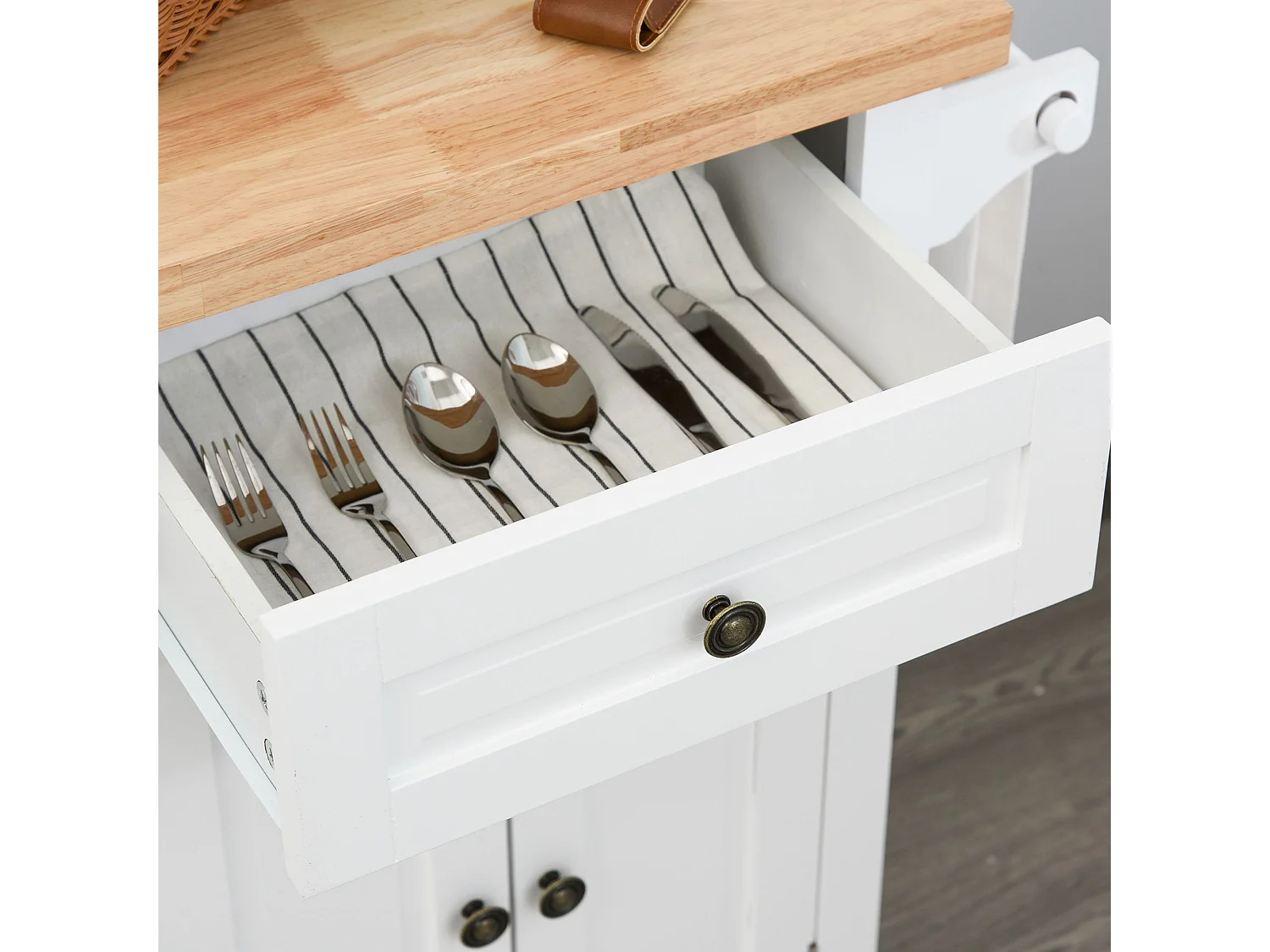 Desserte de cuisine multi rangements 2 tiroirs 2 placard 2 portes avec étagère range-bouteille porte-torchons MDF blanc hévéa