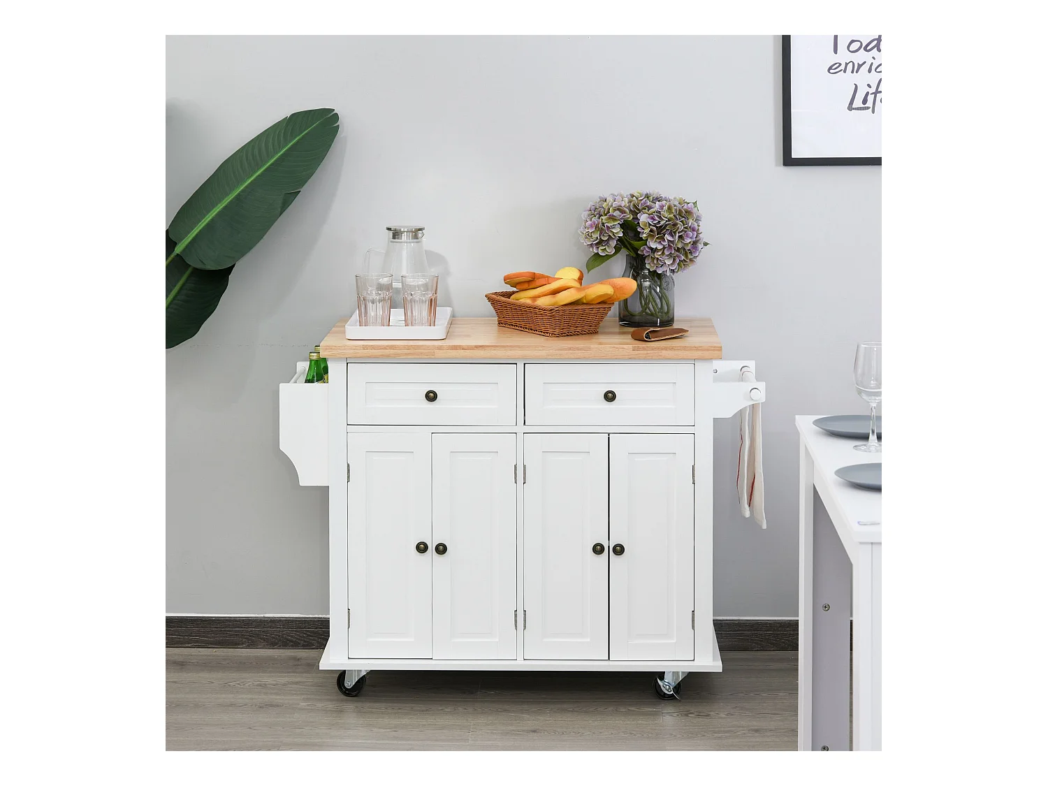 Desserte de cuisine multi rangements 2 tiroirs 2 placard 2 portes avec étagère range-bouteille porte-torchons MDF blanc hévéa