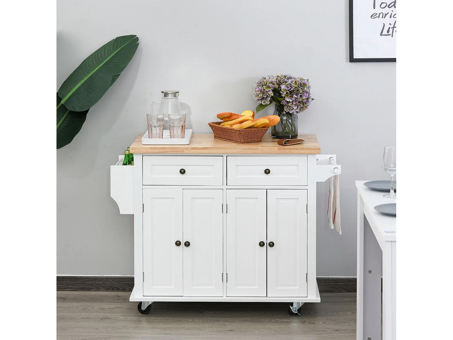 Desserte de cuisine multi rangements 2 tiroirs 2 placard 2 portes avec étagère range-bouteille porte-torchons MDF blanc hévéa