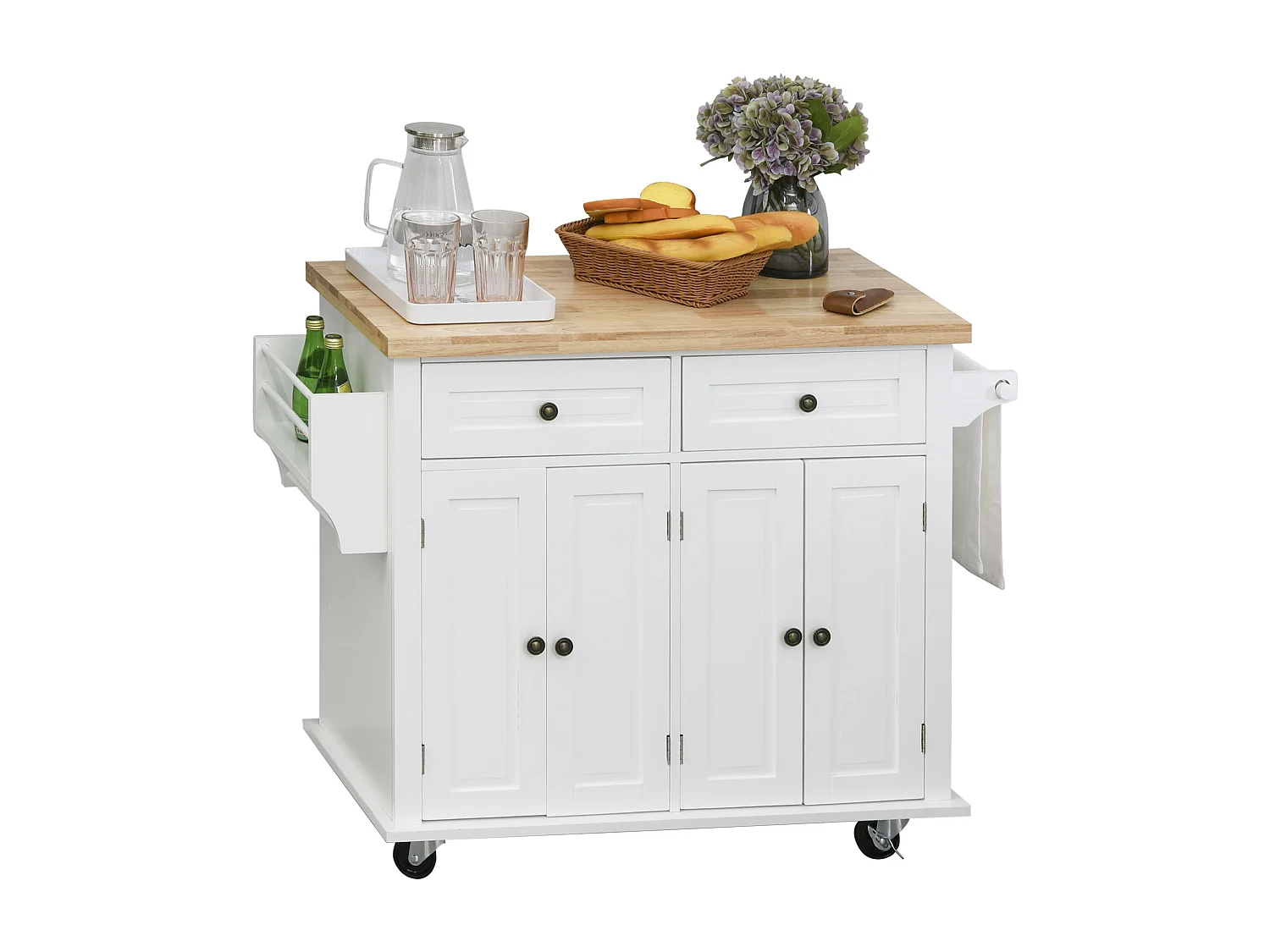 Desserte de cuisine multi rangements 2 tiroirs 2 placard 2 portes avec étagère range-bouteille porte-torchons MDF blanc hévéa