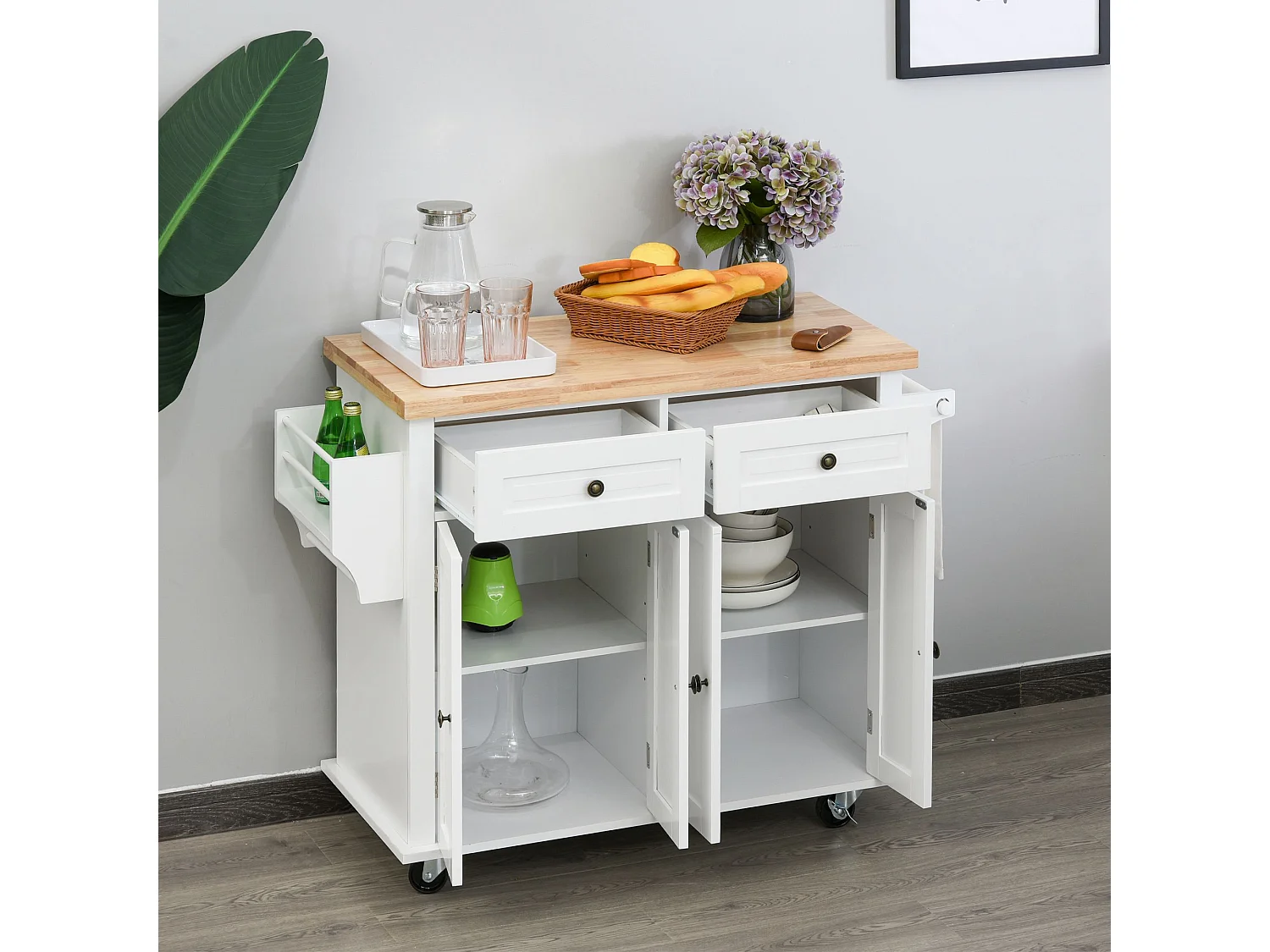 Desserte de cuisine multi rangements 2 tiroirs 2 placard 2 portes avec étagère range-bouteille porte-torchons MDF blanc hévéa