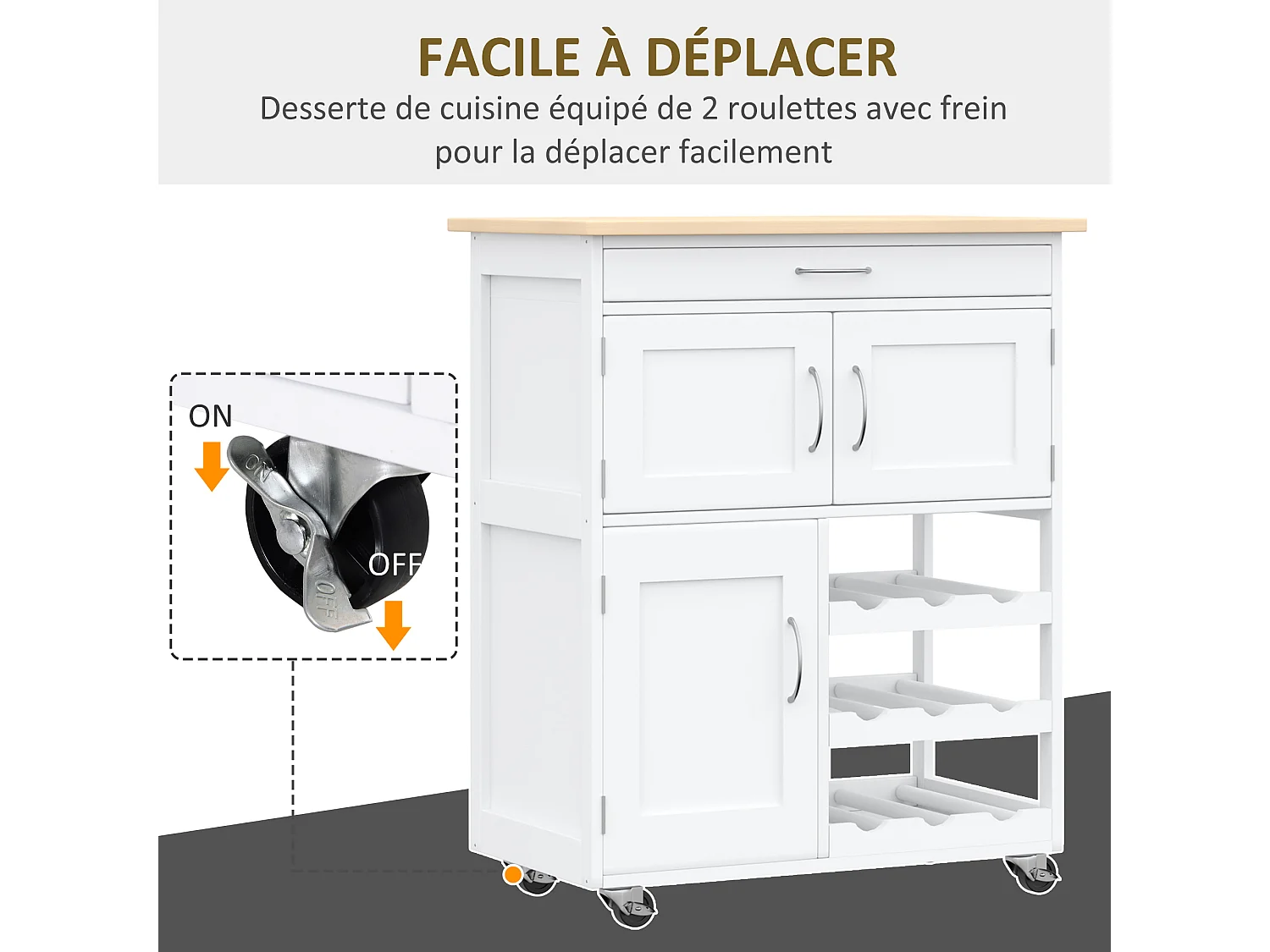 HOMCOM Desserte de cuisine multi rangements 2 placards tiroir casier 9 bouteilles MDF blanc plateau bois caoutchouc