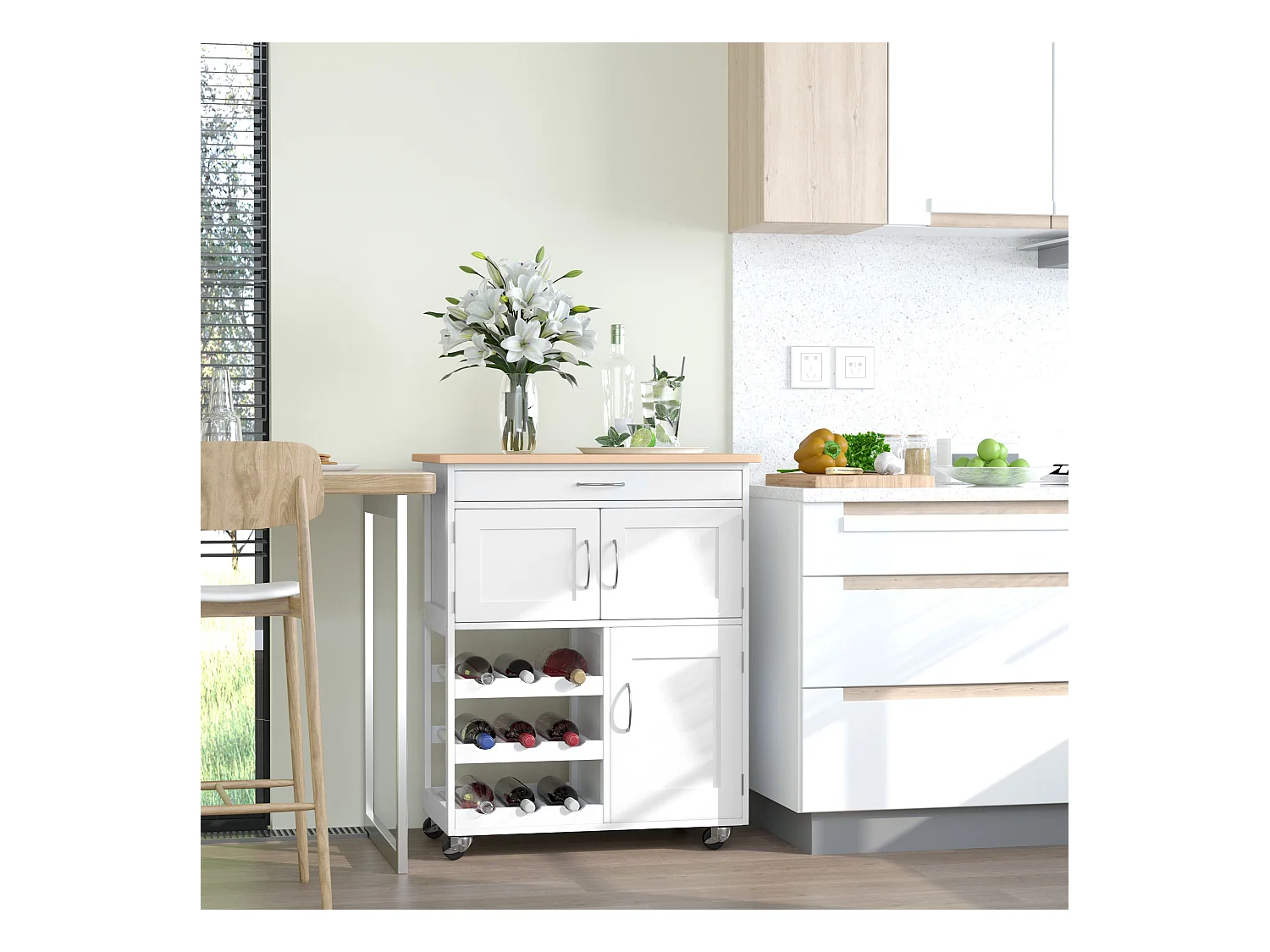 HOMCOM Desserte de cuisine multi rangements 2 placards tiroir casier 9 bouteilles MDF blanc plateau bois caoutchouc