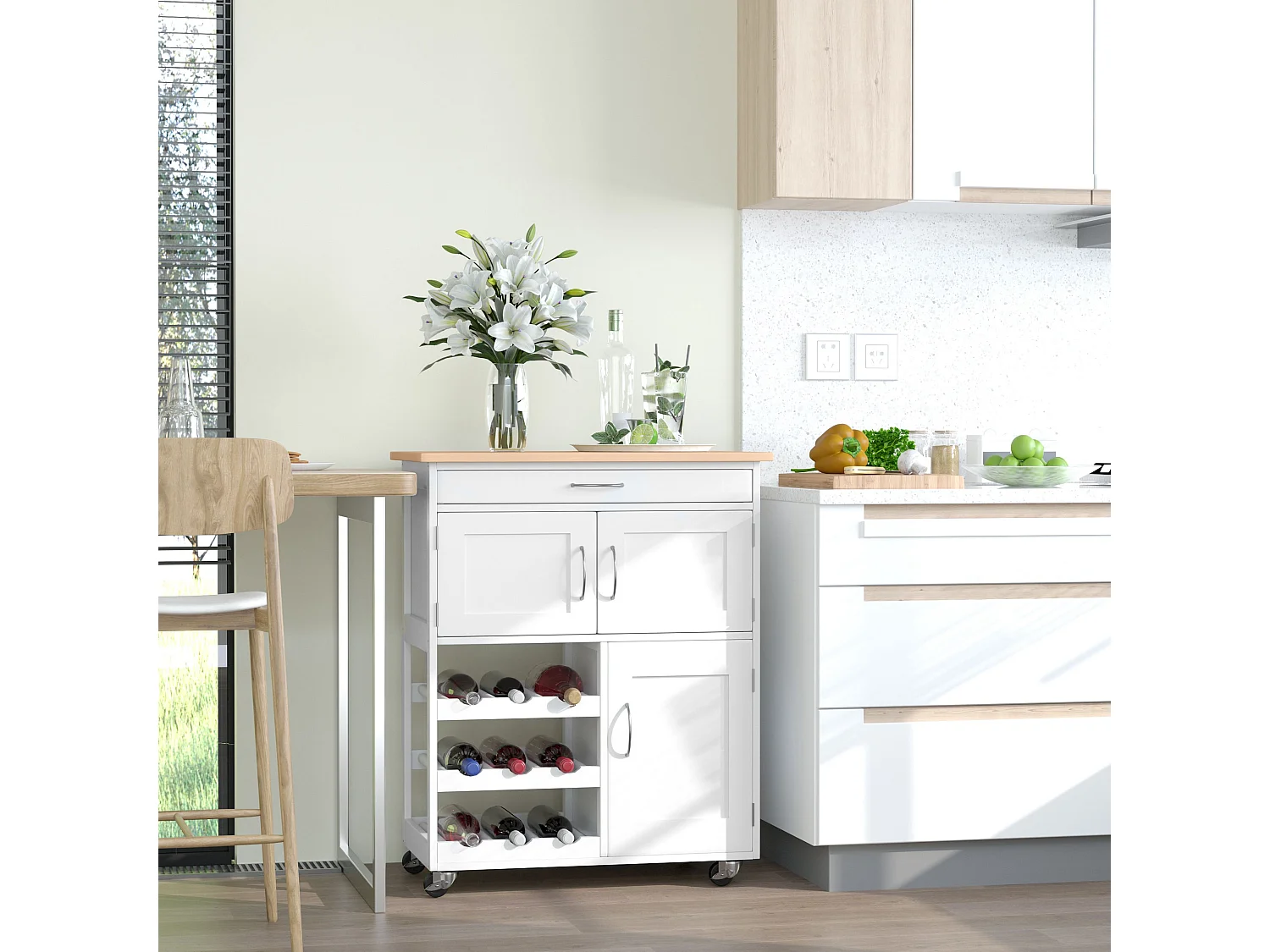 HOMCOM Desserte de cuisine multi rangements 2 placards tiroir casier 9 bouteilles MDF blanc plateau bois caoutchouc