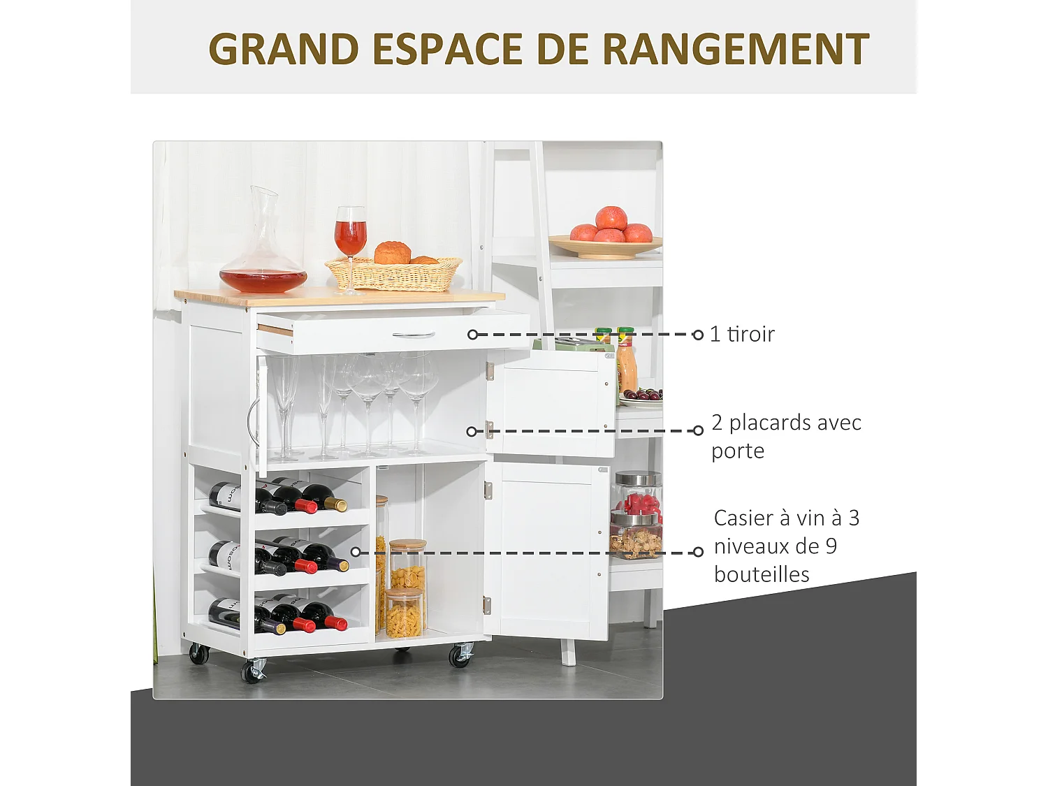 HOMCOM Desserte de cuisine multi rangements 2 placards tiroir casier 9 bouteilles MDF blanc plateau bois caoutchouc