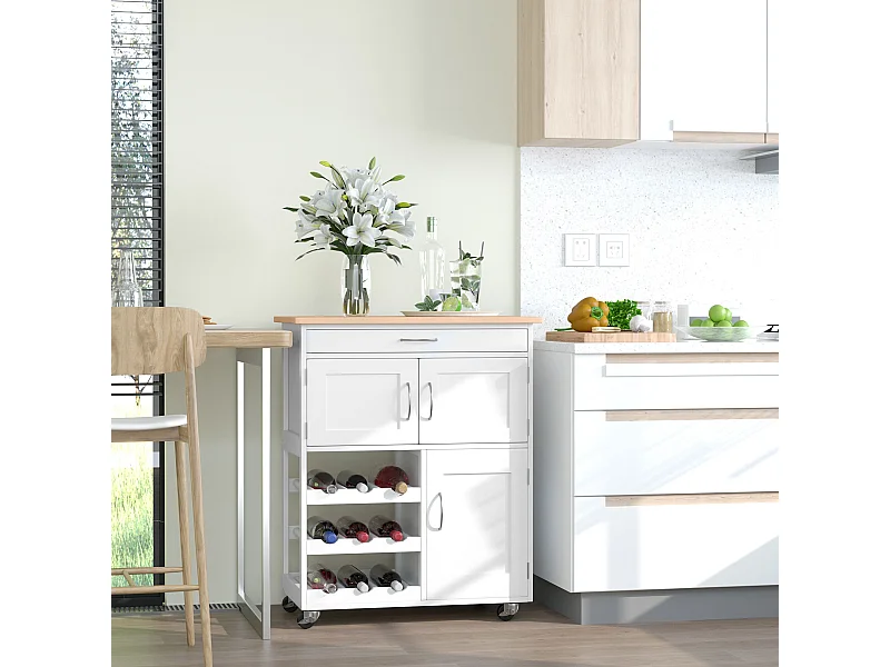 HOMCOM Desserte de cuisine multi rangements 2 placards tiroir casier 9 bouteilles MDF blanc plateau bois caoutchouc