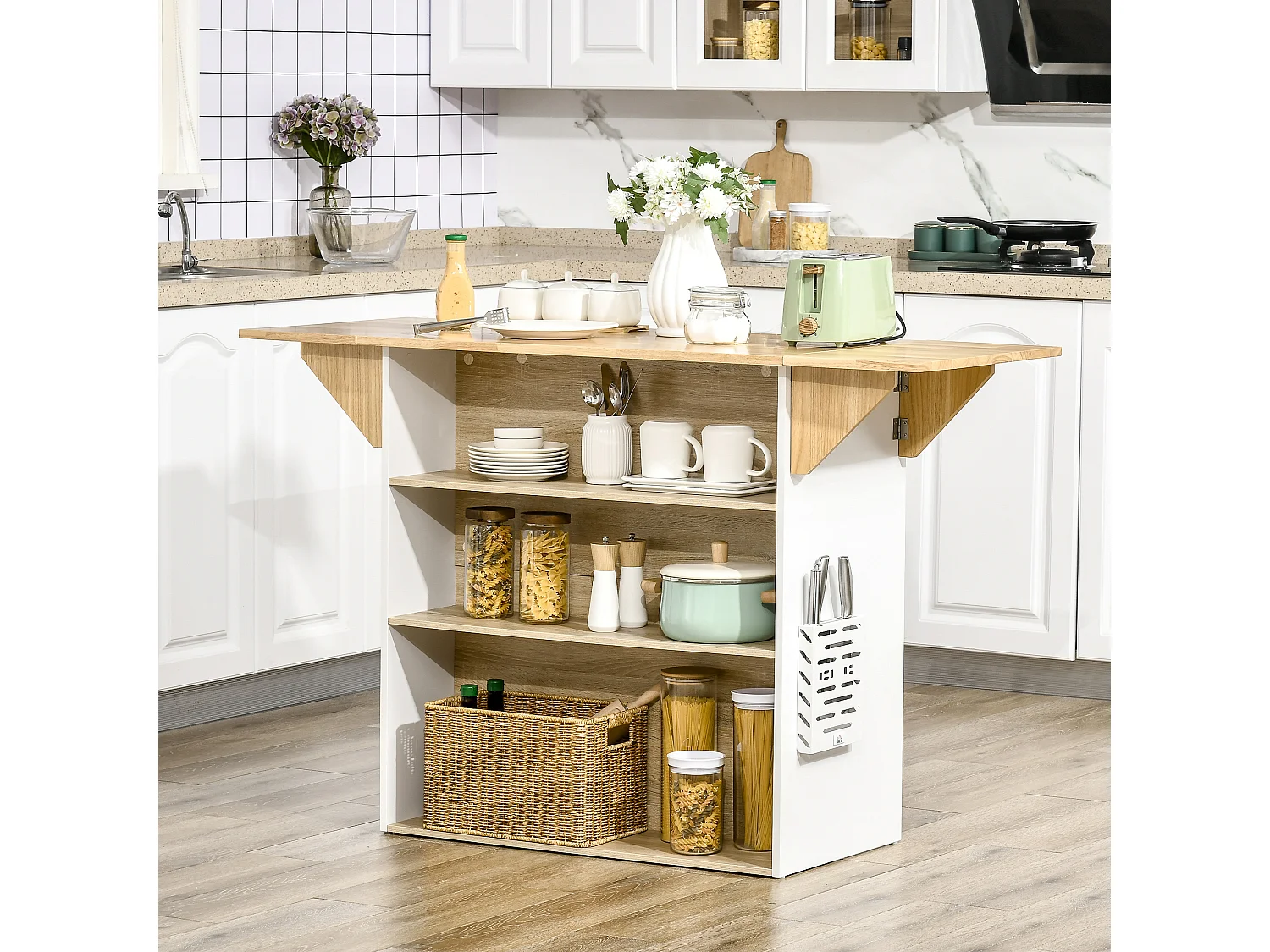 Ilot central de cuisine avec rangements plan de travail rabattable 2 étagères 140L x 55l x 91H cm blanc et aspect chêne clair