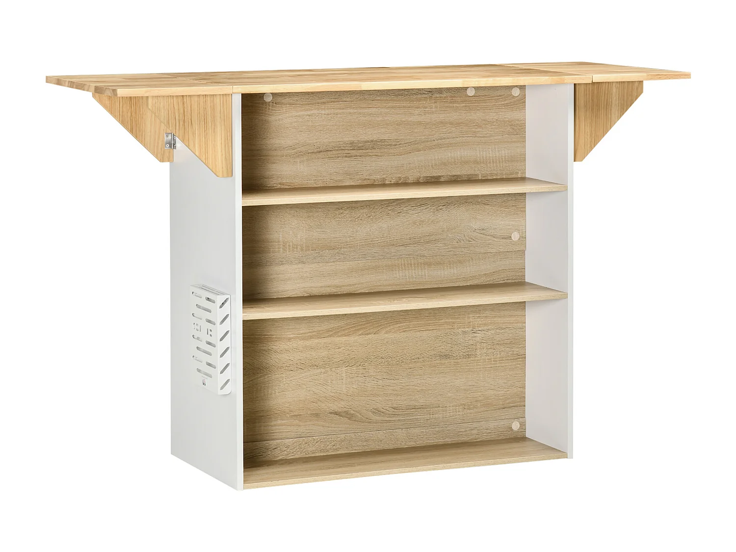 Ilot central de cuisine avec rangements plan de travail rabattable 2 étagères 140L x 55l x 91H cm blanc et aspect chêne clair