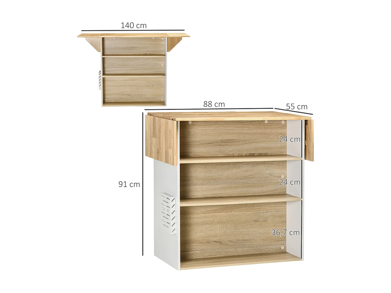 Ilot central de cuisine avec rangements plan de travail rabattable 2 étagères 140L x 55l x 91H cm blanc et aspect chêne clair