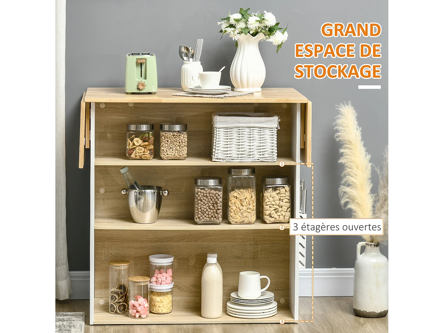 Ilot central de cuisine avec rangements plan de travail rabattable 2 étagères 140L x 55l x 91H cm blanc et aspect chêne clair