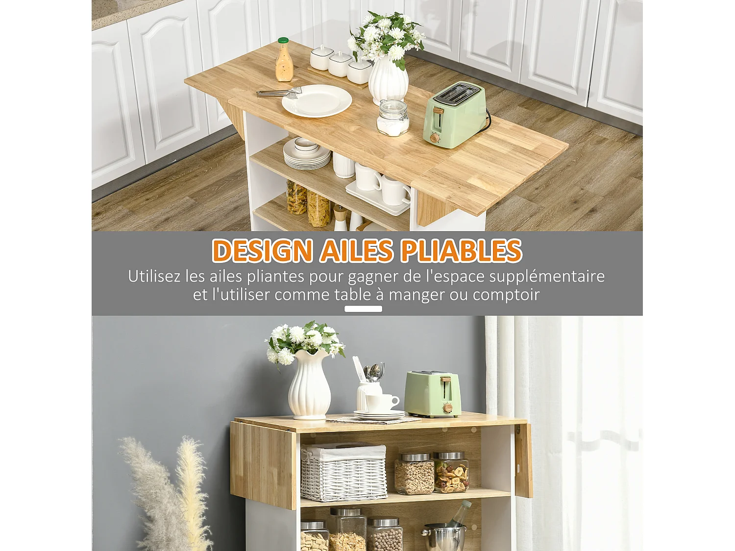 Ilot central de cuisine avec rangements plan de travail rabattable 2 étagères 140L x 55l x 91H cm blanc et aspect chêne clair