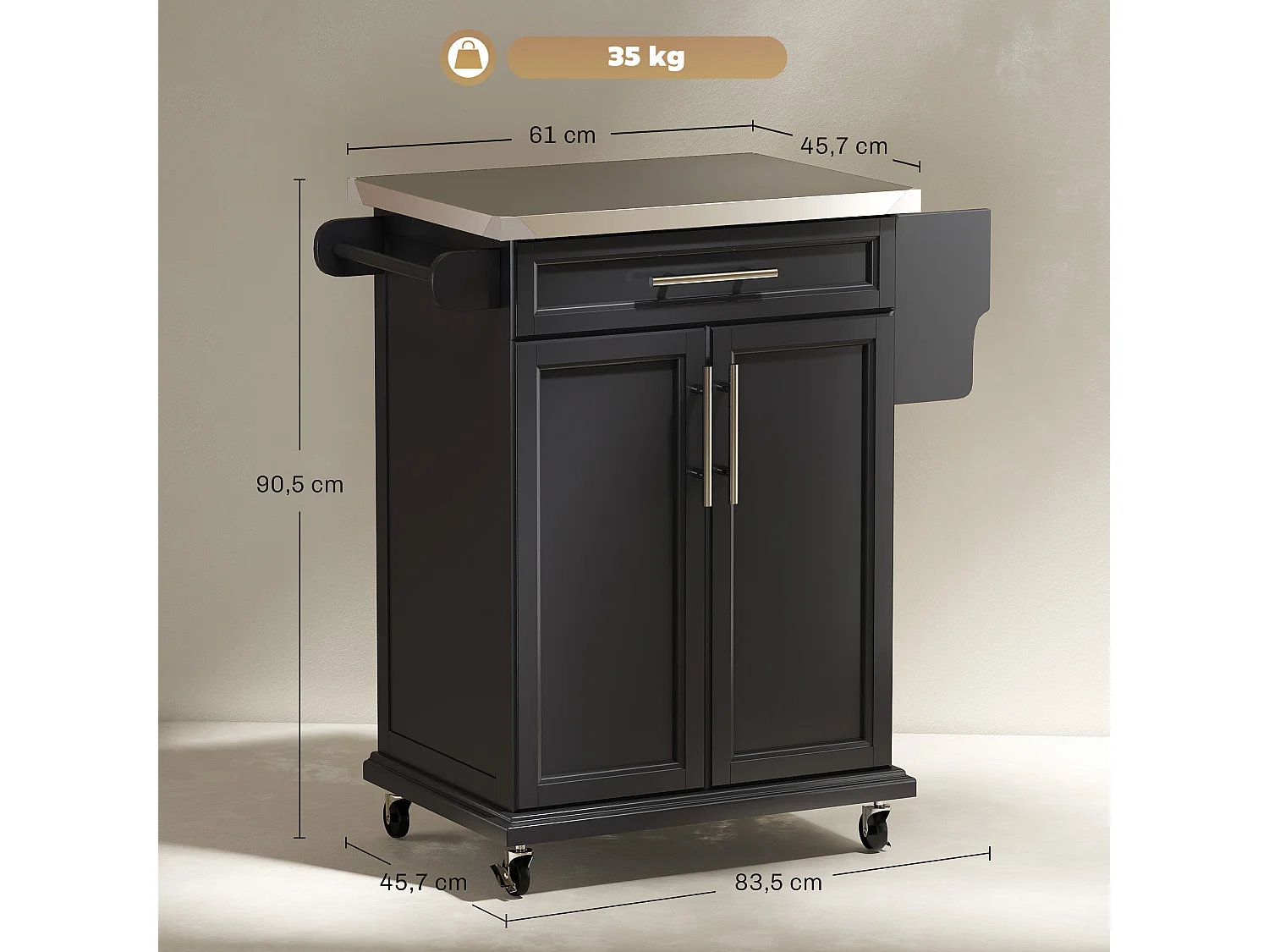 Chariot de Cuisine Desserte à Roulettes en Bois Noir - Design Élégant et Pratique