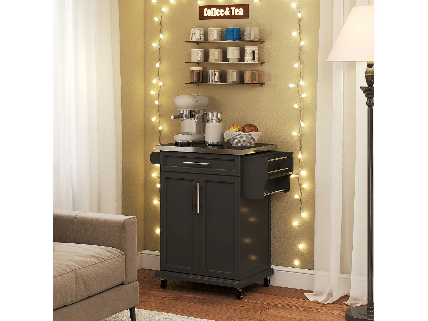 Chariot de Cuisine Desserte à Roulettes en Bois Noir - Design Élégant et Pratique