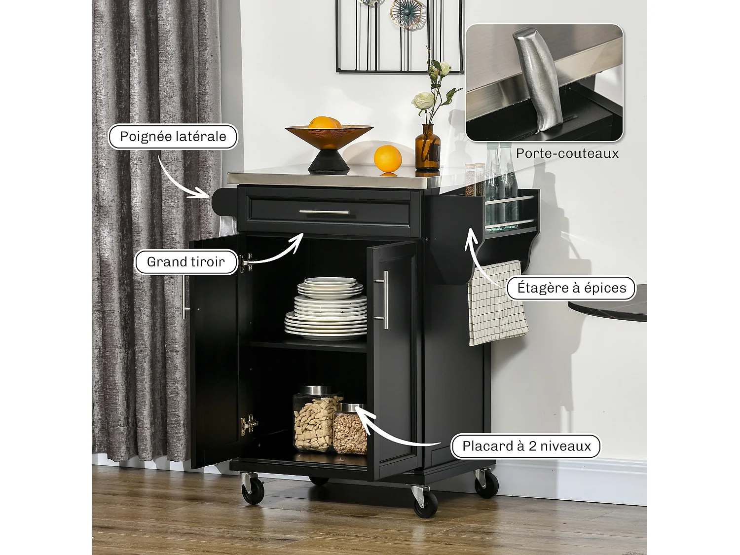 Chariot de Cuisine Desserte à Roulettes en Bois Noir - Design Élégant et Pratique