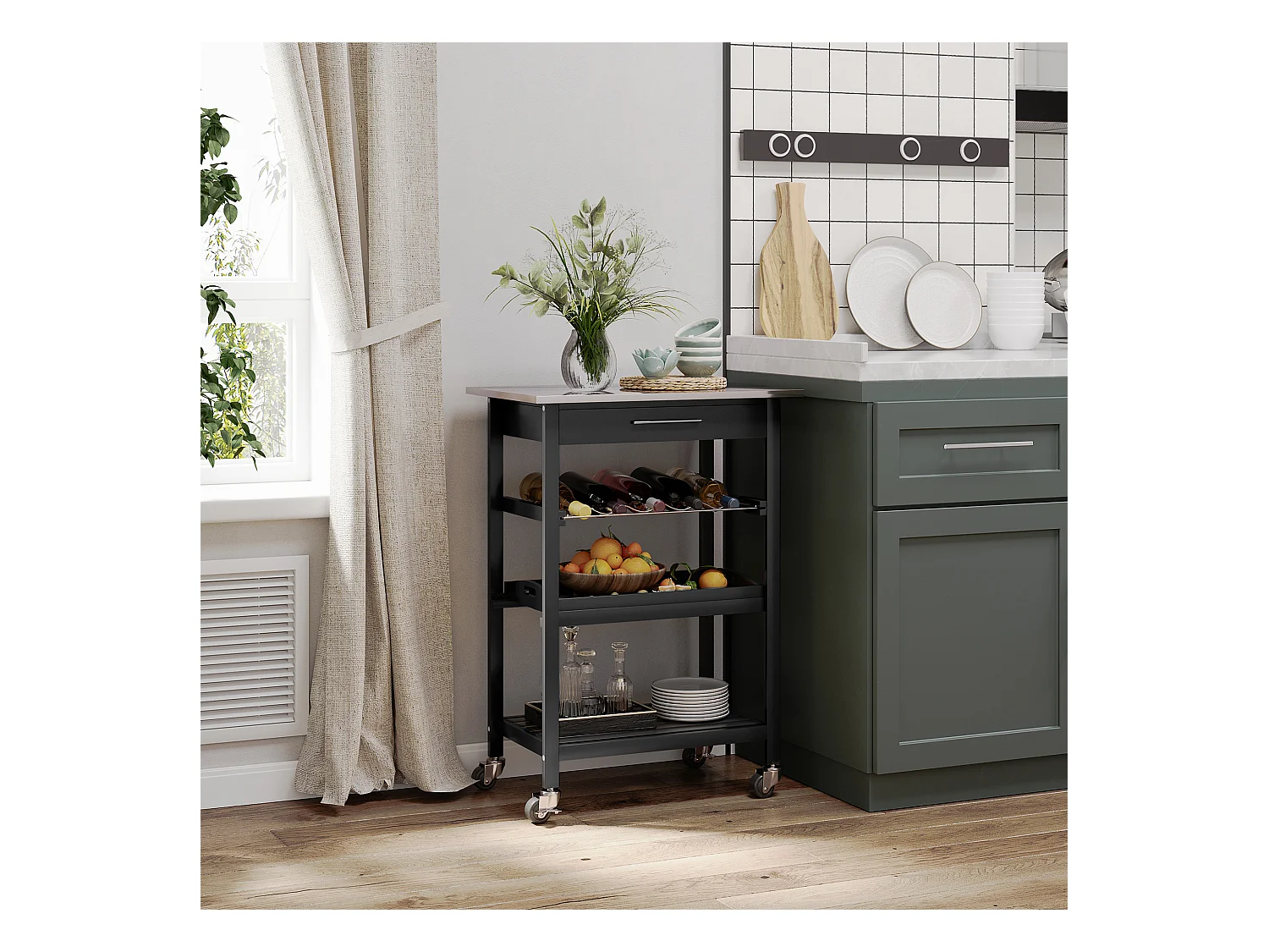 HOMCOM Chariot de service desserte de cuisine à roulettes multi-rangements 60L x 40l x 85H cm plateau acier inox. MDF pin noir