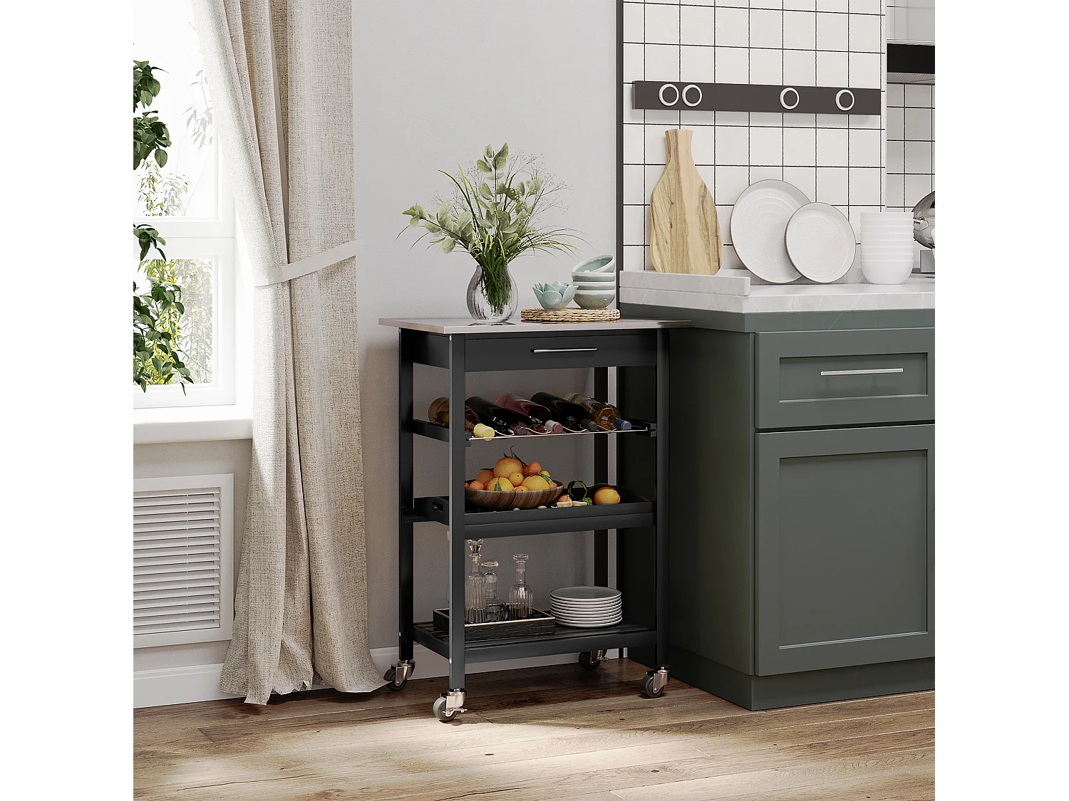 HOMCOM Chariot de service desserte de cuisine à roulettes multi-rangements 60L x 40l x 85H cm plateau acier inox. MDF pin noir