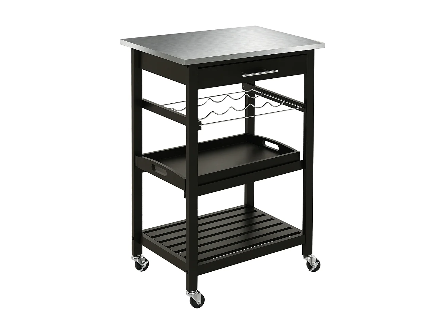 HOMCOM Chariot de service desserte de cuisine à roulettes multi-rangements 60L x 40l x 85H cm plateau acier inox. MDF pin noir
