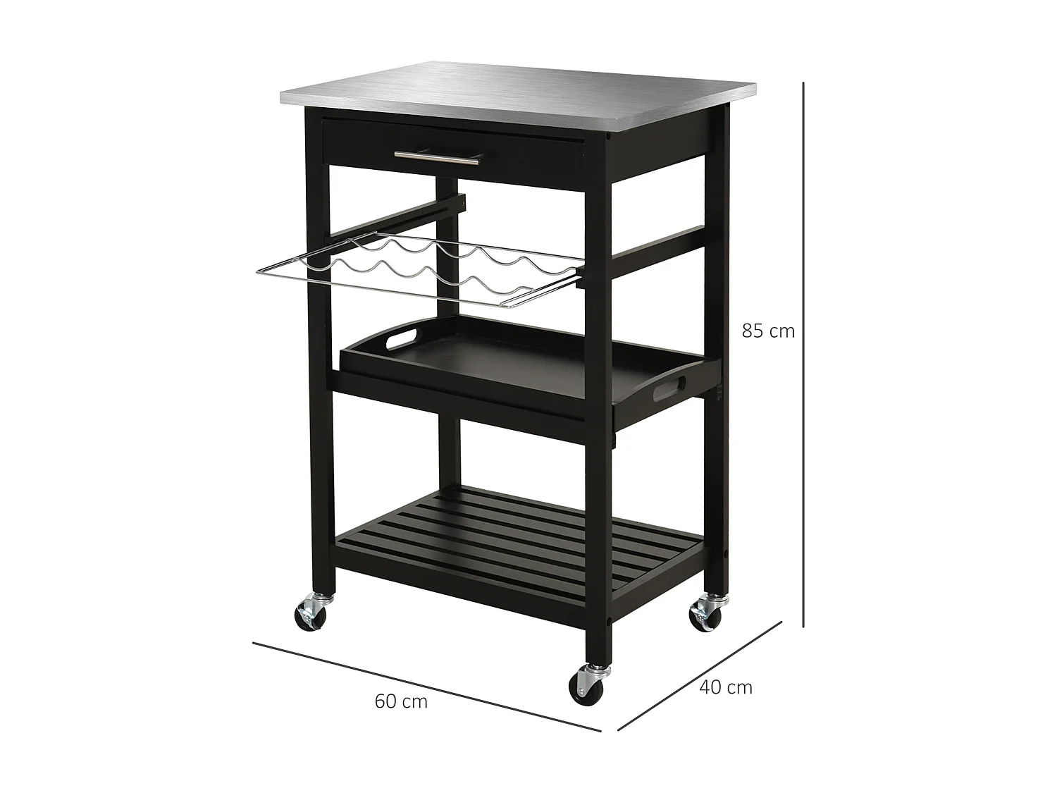 HOMCOM Chariot de service desserte de cuisine à roulettes multi-rangements 60L x 40l x 85H cm plateau acier inox. MDF pin noir