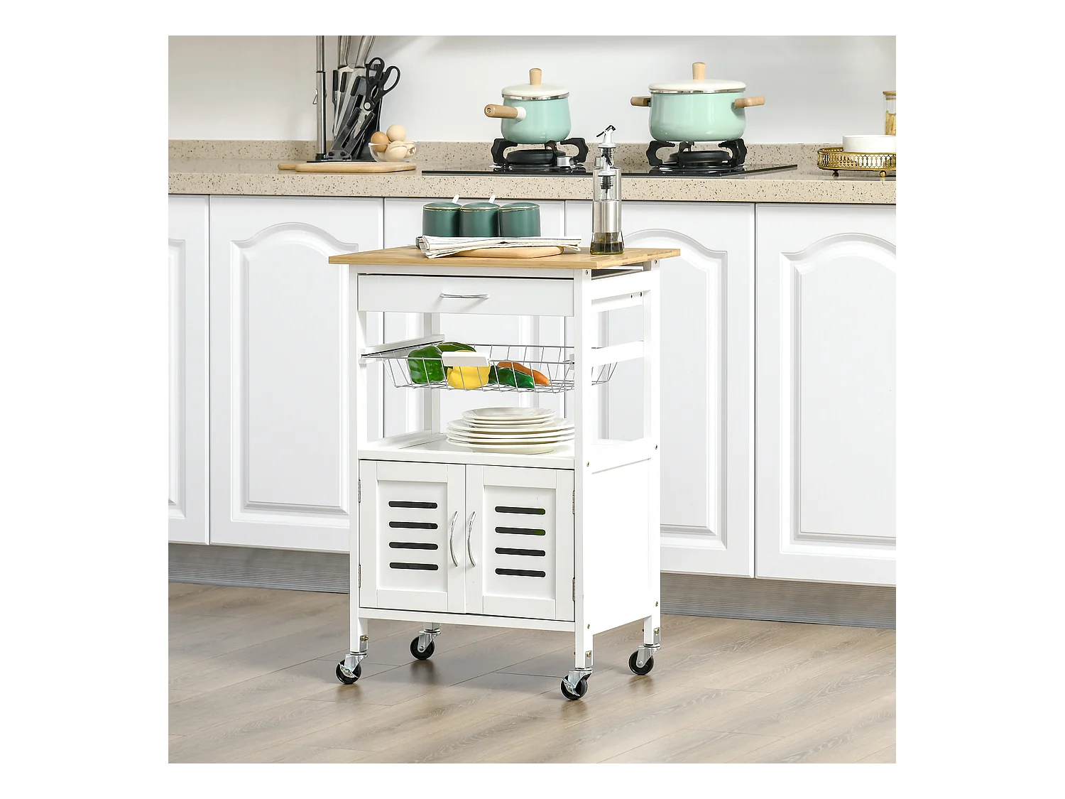 Desserte de cuisine multi-rangement - dim. 58L x 37l x 83H cm - 2 portes, étagère, panier, tiroir - poignées métal MDF blanc plateau bois bambou verni