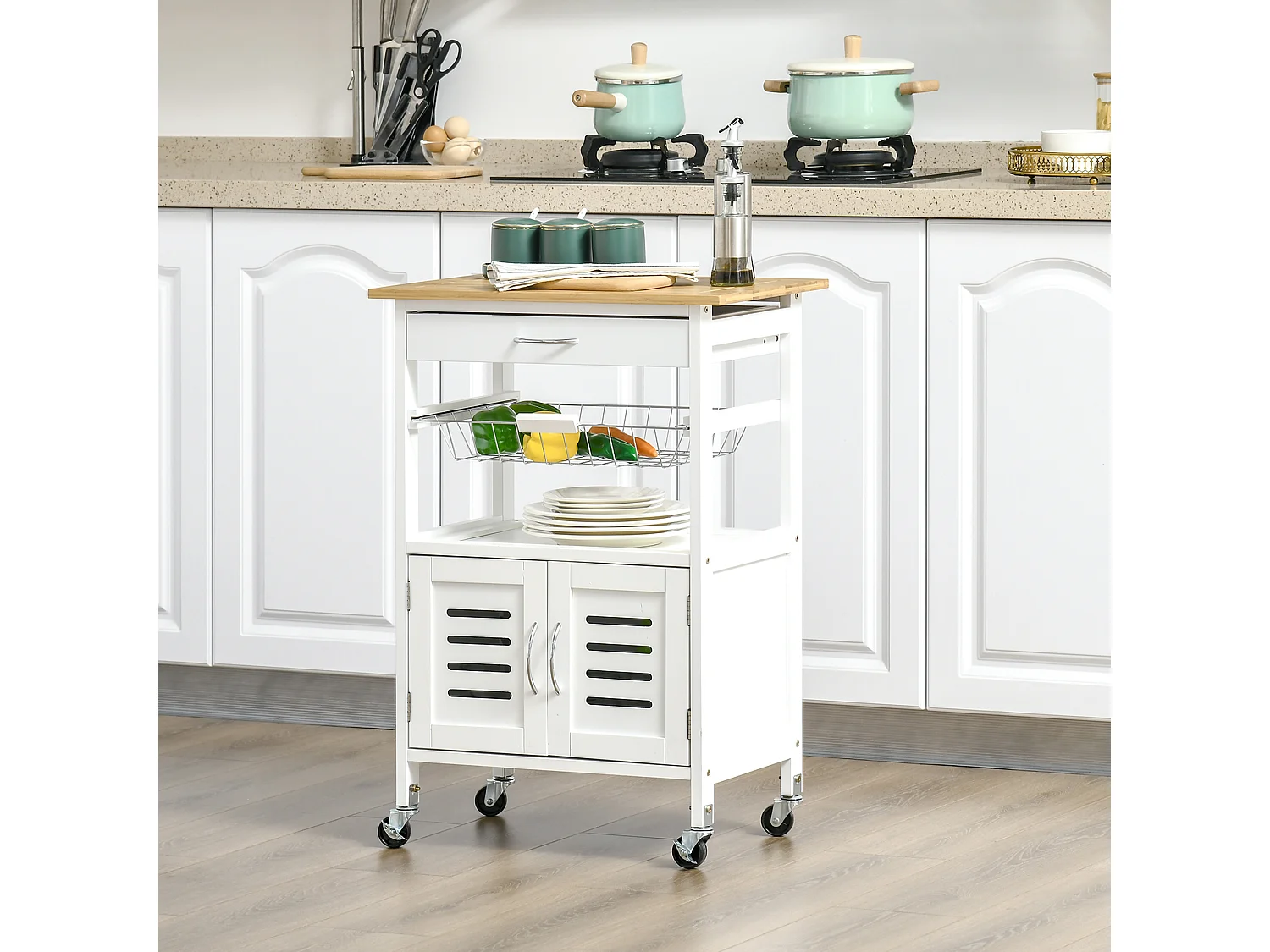 Desserte de cuisine multi-rangement - dim. 58L x 37l x 83H cm - 2 portes, étagère, panier, tiroir - poignées métal MDF blanc plateau bois bambou verni