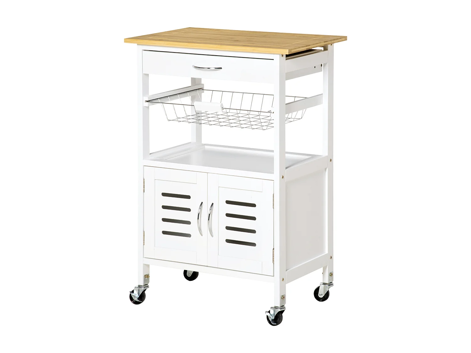 Desserte de cuisine multi-rangement - dim. 58L x 37l x 83H cm - 2 portes, étagère, panier, tiroir - poignées métal MDF blanc plateau bois bambou verni