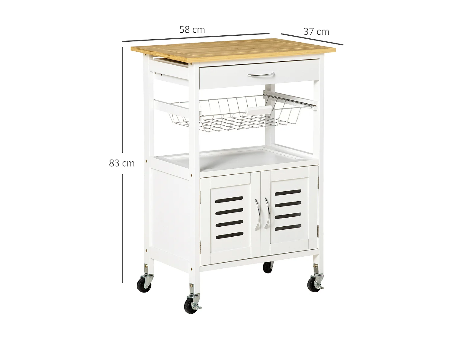 Desserte de cuisine multi-rangement - dim. 58L x 37l x 83H cm - 2 portes, étagère, panier, tiroir - poignées métal MDF blanc plateau bois bambou verni