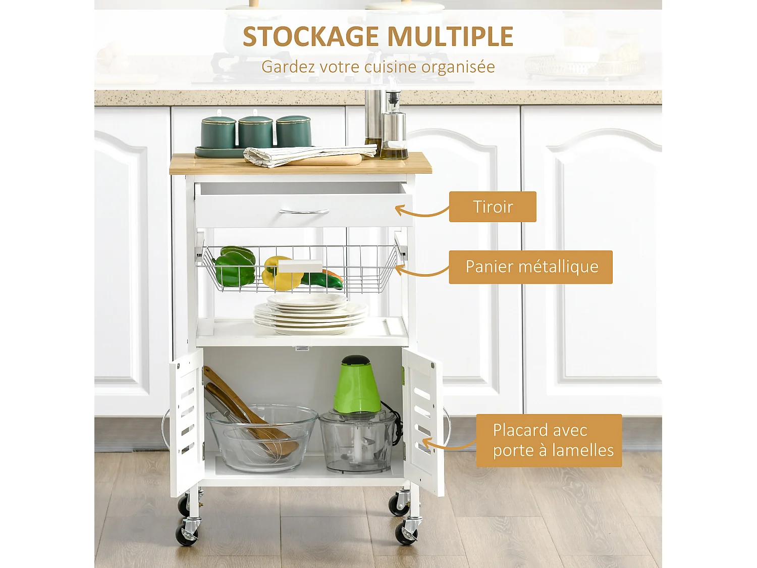Desserte de cuisine multi-rangement - dim. 58L x 37l x 83H cm - 2 portes, étagère, panier, tiroir - poignées métal MDF blanc plateau bois bambou verni