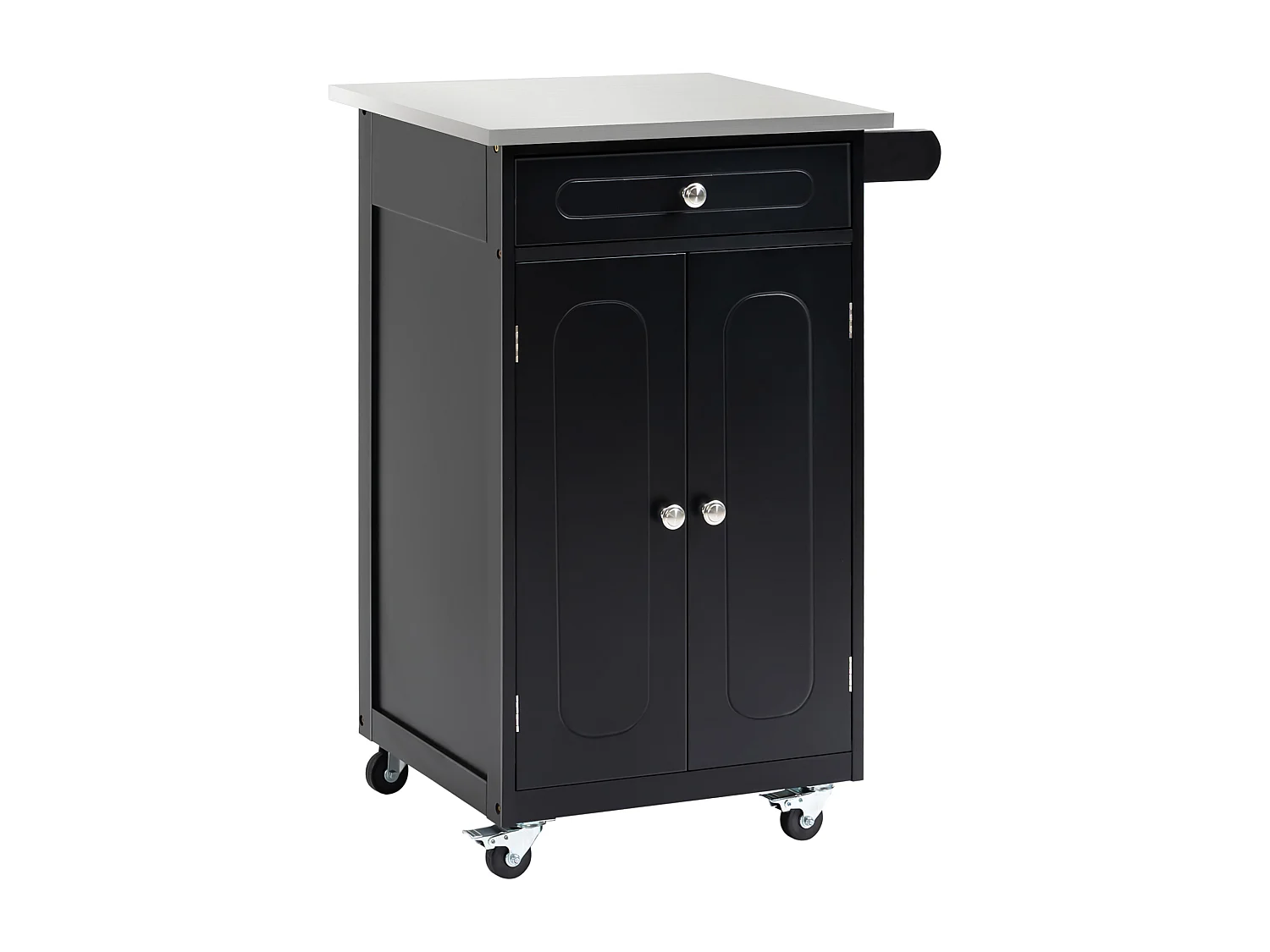 Desserte de cuisine multi-rangements 1 tiroir placard 2 portes avec étagère porte-torchons MDF noir acier inox.