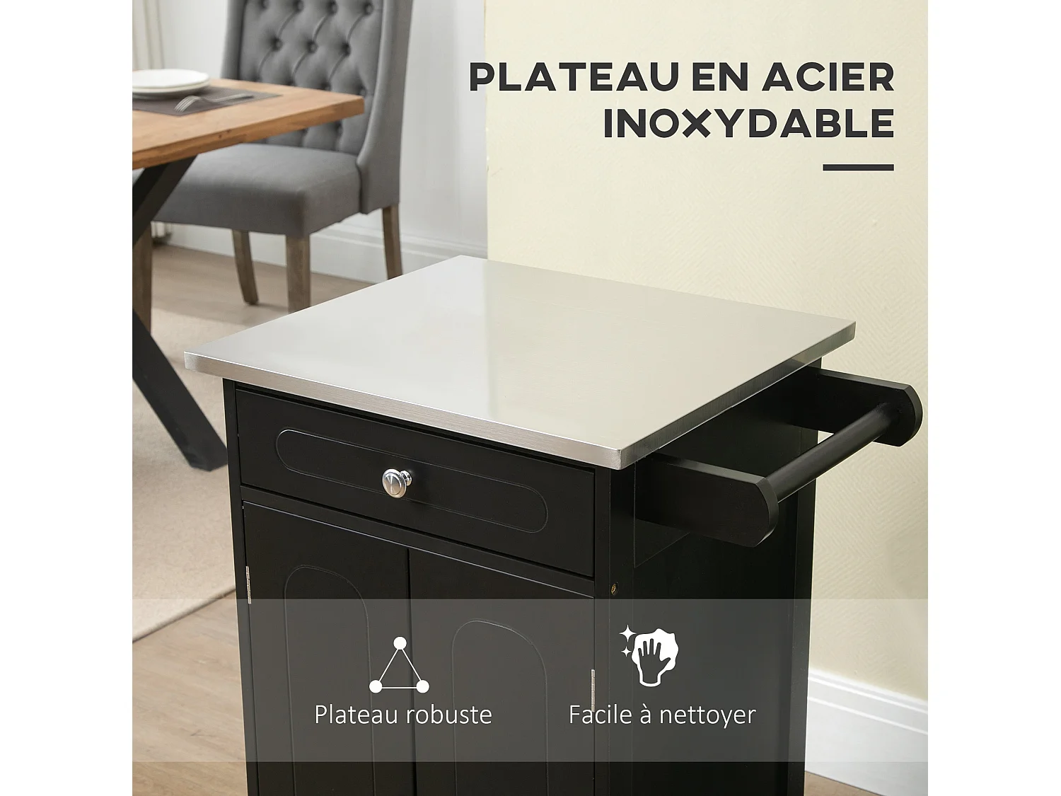 Desserte de cuisine multi-rangements 1 tiroir placard 2 portes avec étagère porte-torchons MDF noir acier inox.