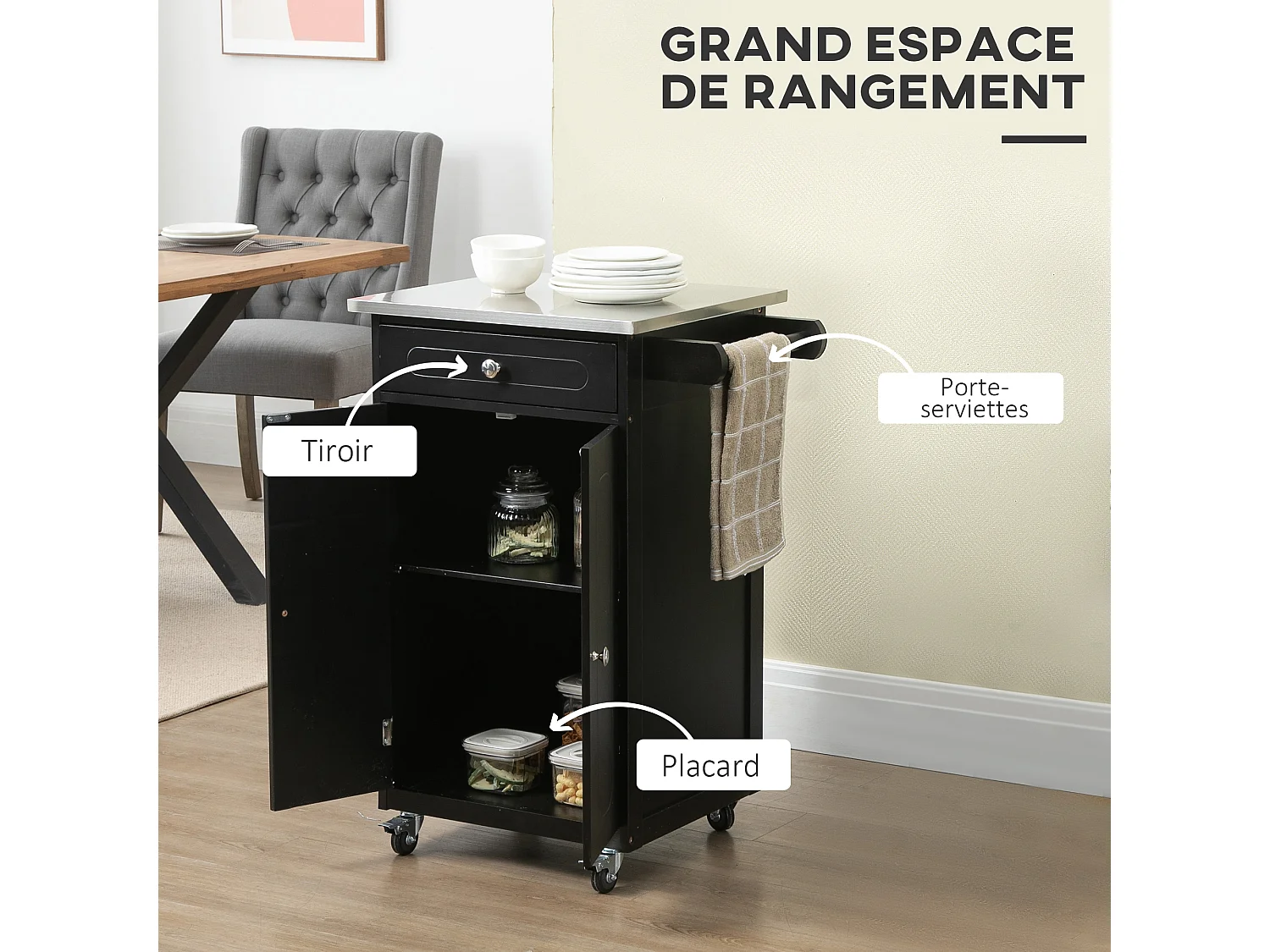 Desserte de cuisine multi-rangements 1 tiroir placard 2 portes avec étagère porte-torchons MDF noir acier inox.