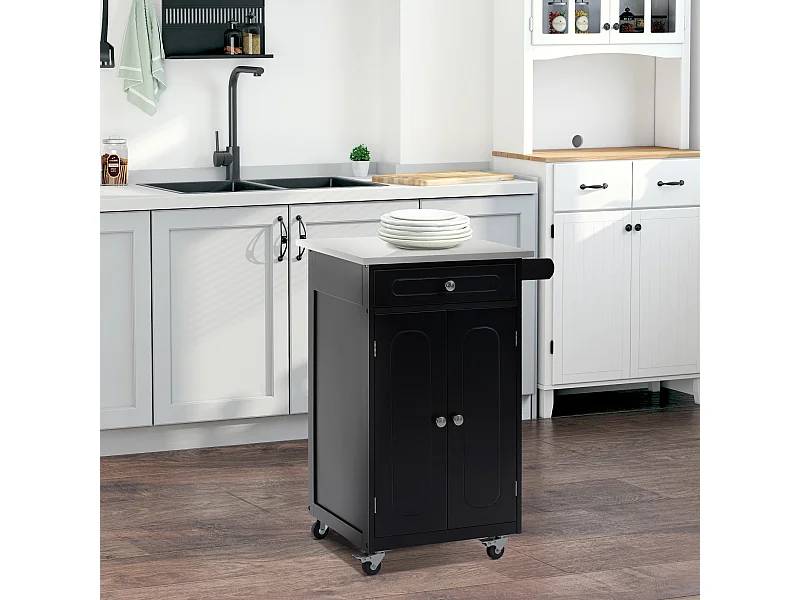 Desserte de cuisine multi-rangements 1 tiroir placard 2 portes avec étagère porte-torchons MDF noir acier inox.