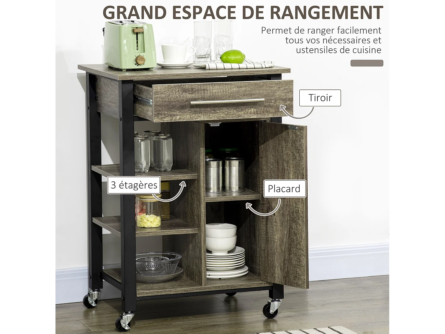 HOMCOM Chariot desserte de cuisine à roulettes avec tiroir - dim. 60 x 50 x 84,5 cm - noir et imitation bois