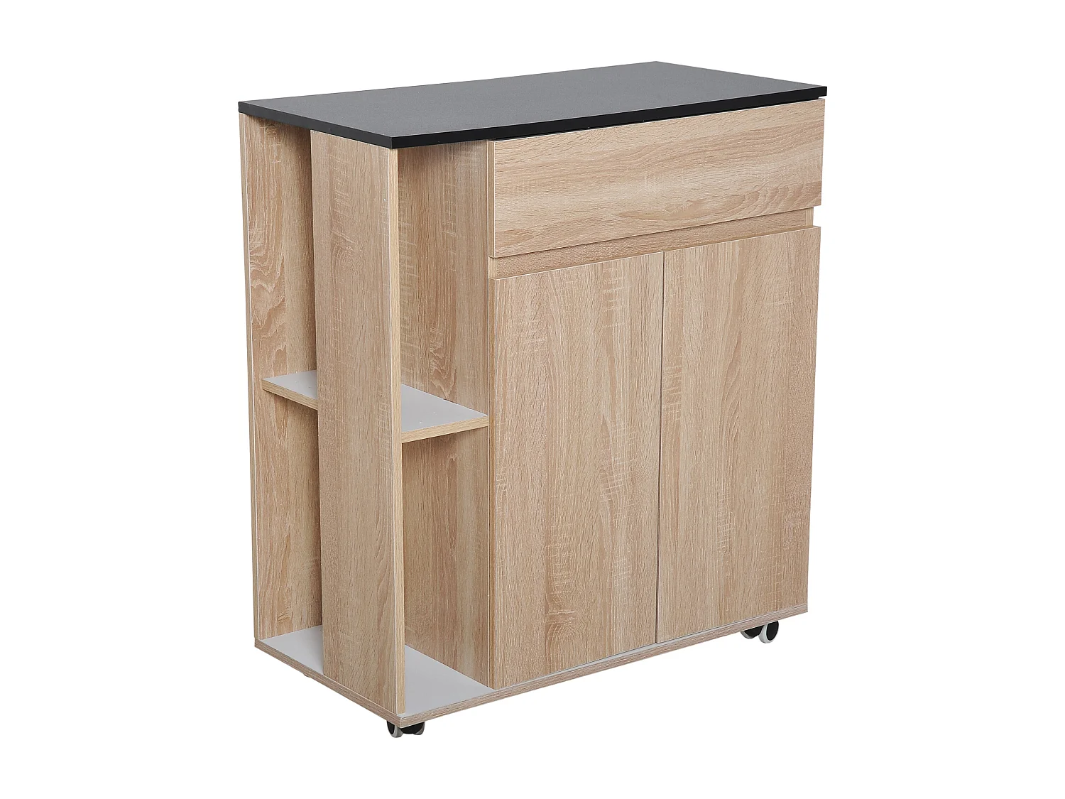 HOMCOM Chariot de service desserte de cuisine à roulettes multi-rangements placard double portes + 2 étagères + tiroir panneaux particules chêne noir