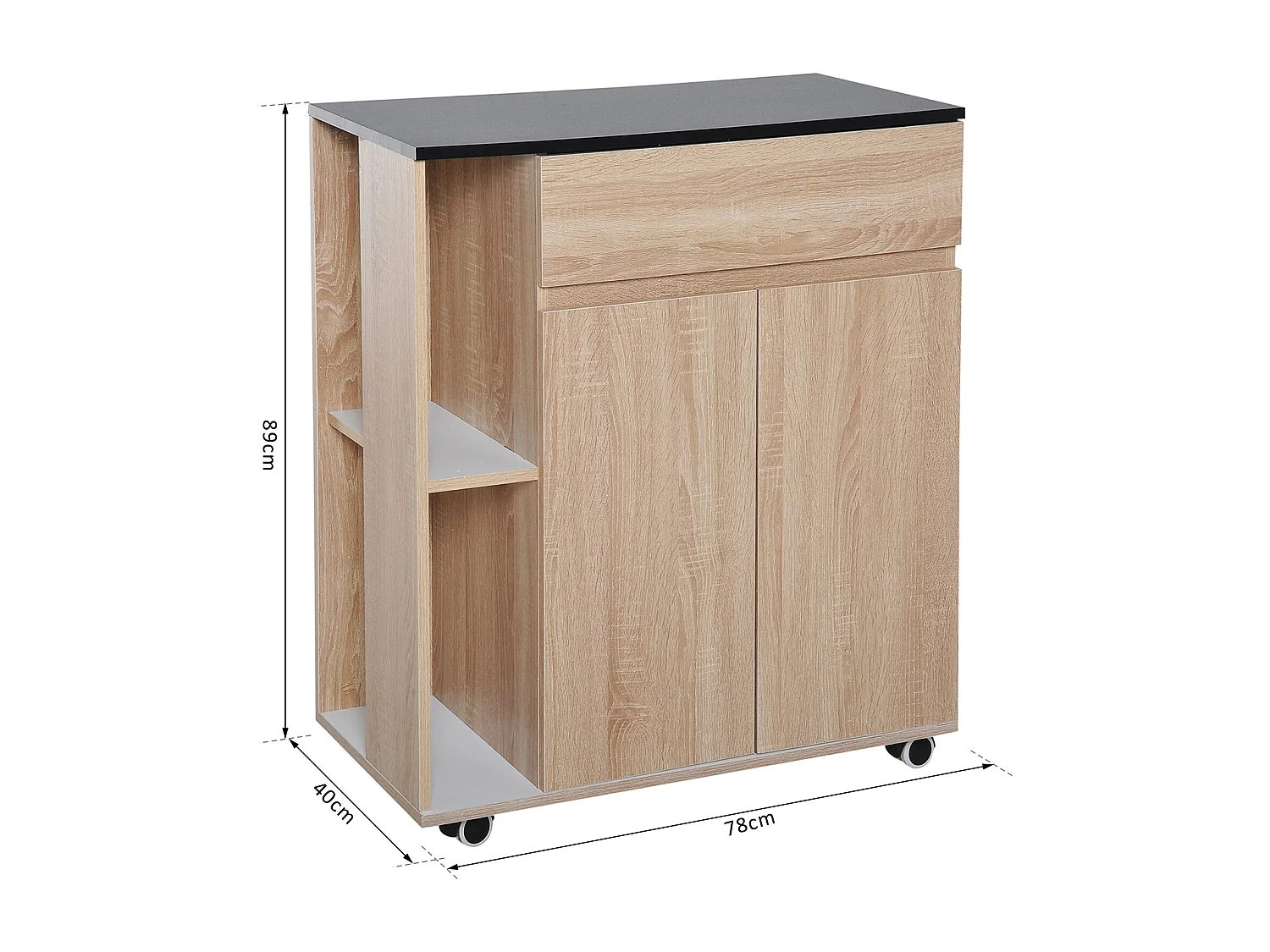 HOMCOM Chariot de service desserte de cuisine à roulettes multi-rangements placard double portes + 2 étagères + tiroir panneaux particules chêne noir