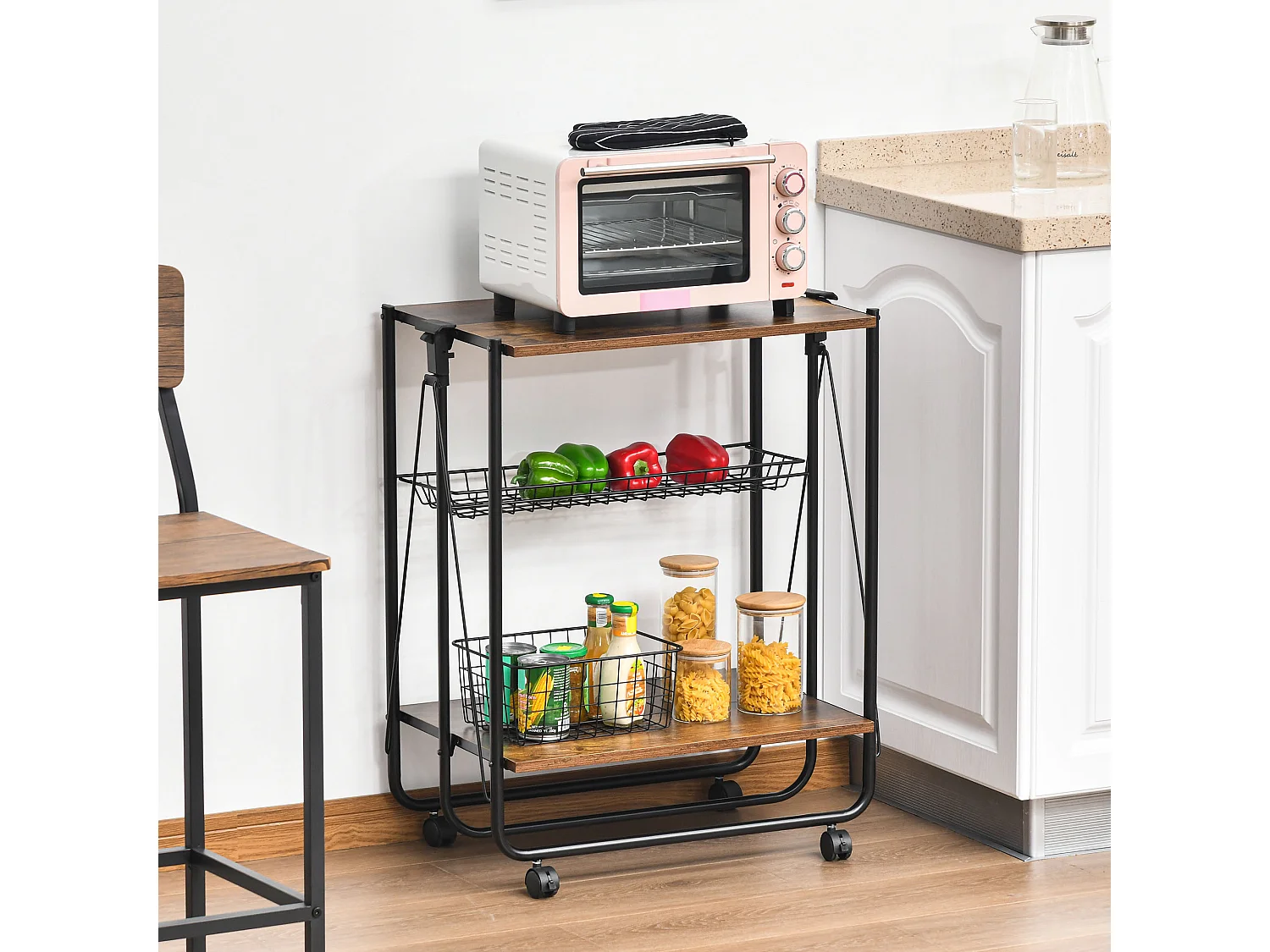 HOMCOM Desserte Vintage style industriel 3 étagères - desserte pliable - métal noir aspect vieux bois