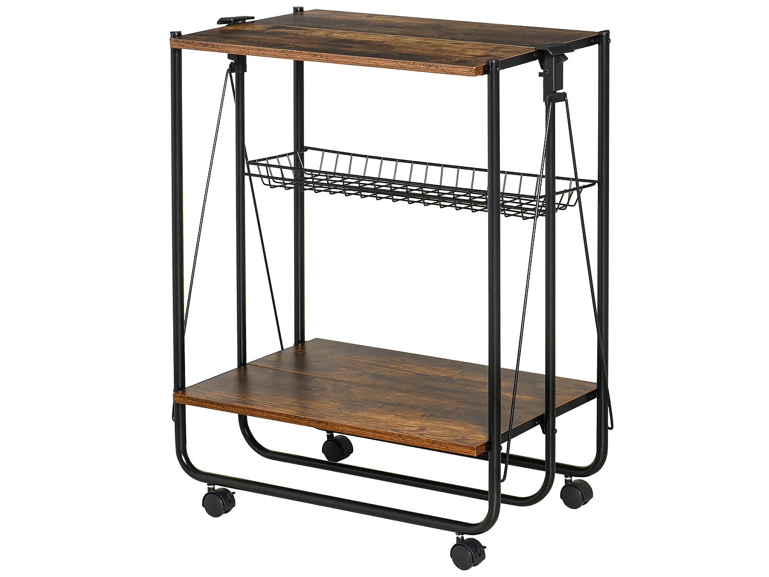 HOMCOM Desserte Vintage style industriel 3 étagères - desserte pliable - métal noir aspect vieux bois