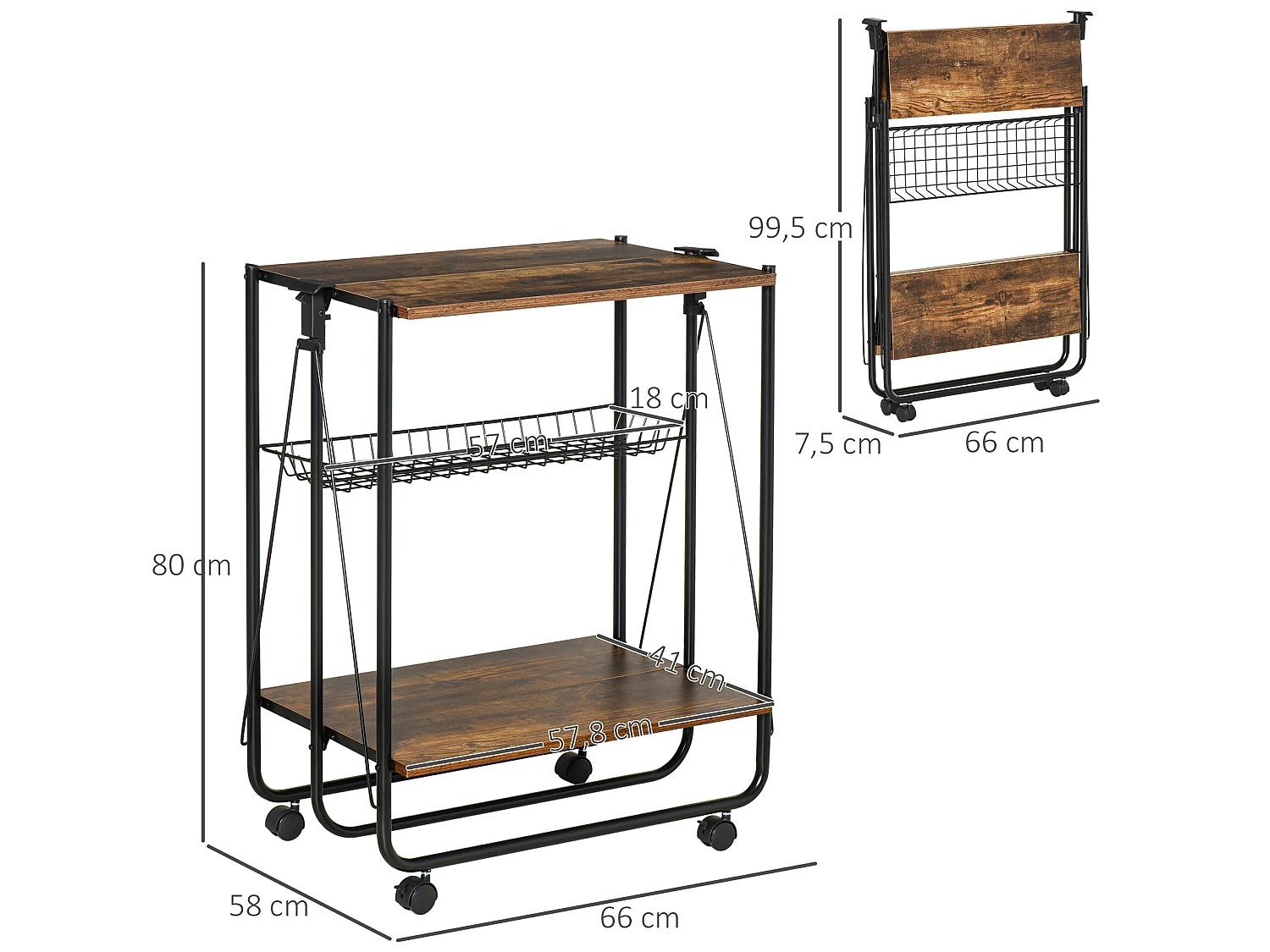 HOMCOM Desserte Vintage style industriel 3 étagères - desserte pliable - métal noir aspect vieux bois