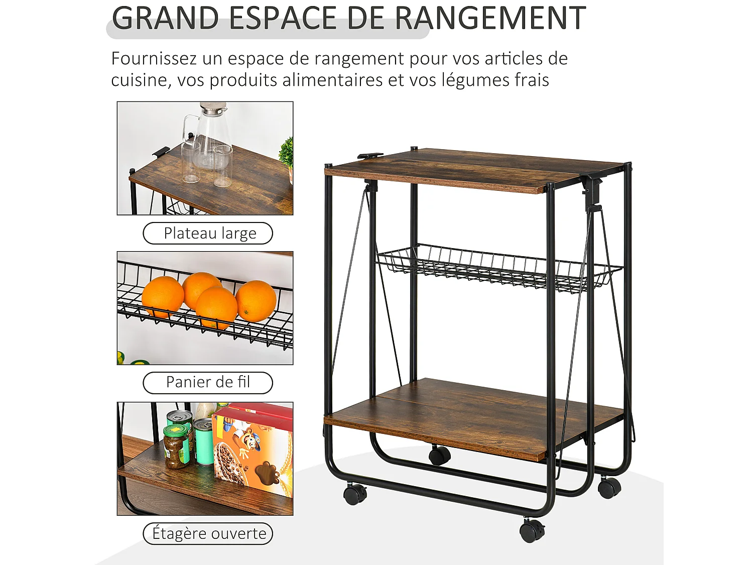 HOMCOM Desserte Vintage style industriel 3 étagères - desserte pliable - métal noir aspect vieux bois