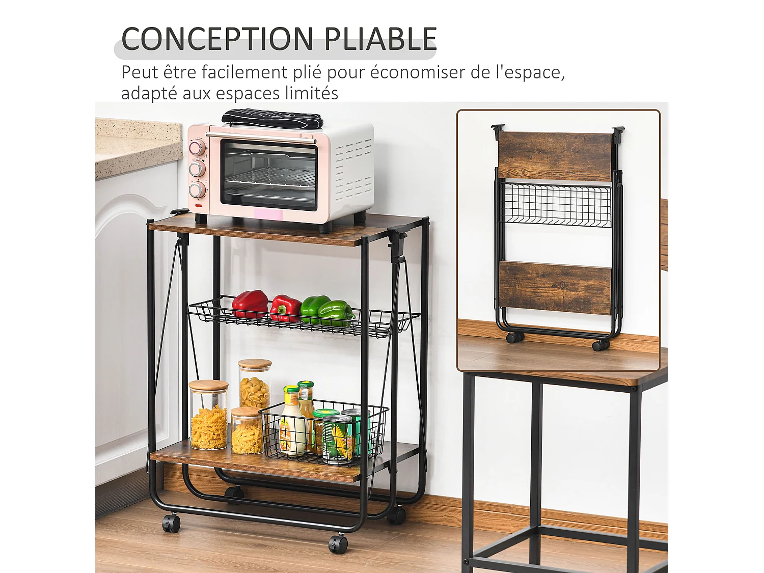 HOMCOM Desserte Vintage style industriel 3 étagères - desserte pliable - métal noir aspect vieux bois