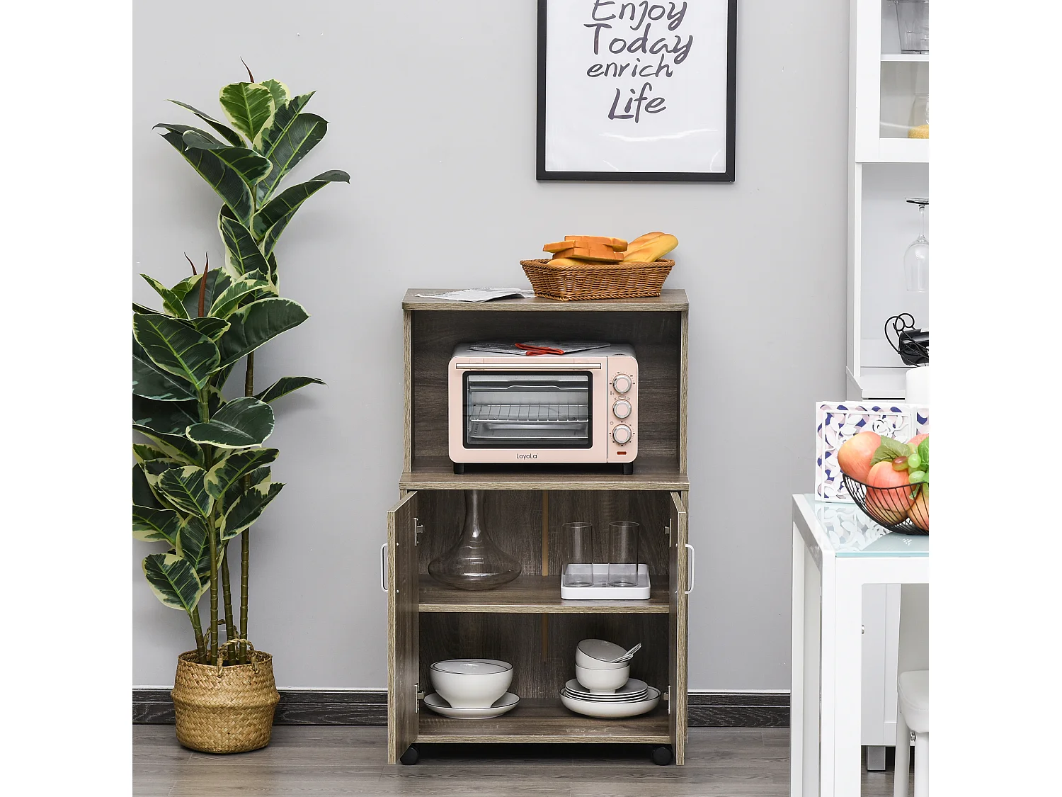 Chariot desserte micro-ondes placard 2 portes - dim. 60,4L x 40,3l x 97H cm - imitation bois