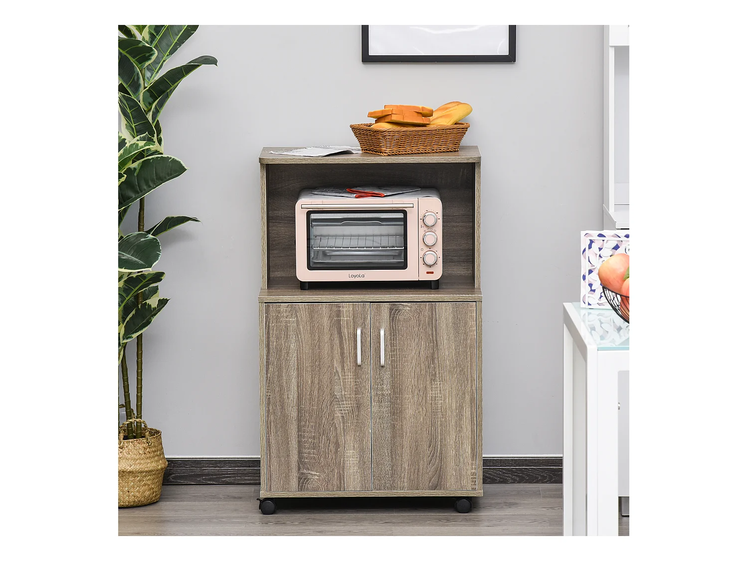 Chariot desserte micro-ondes placard 2 portes - dim. 60,4L x 40,3l x 97H cm - imitation bois