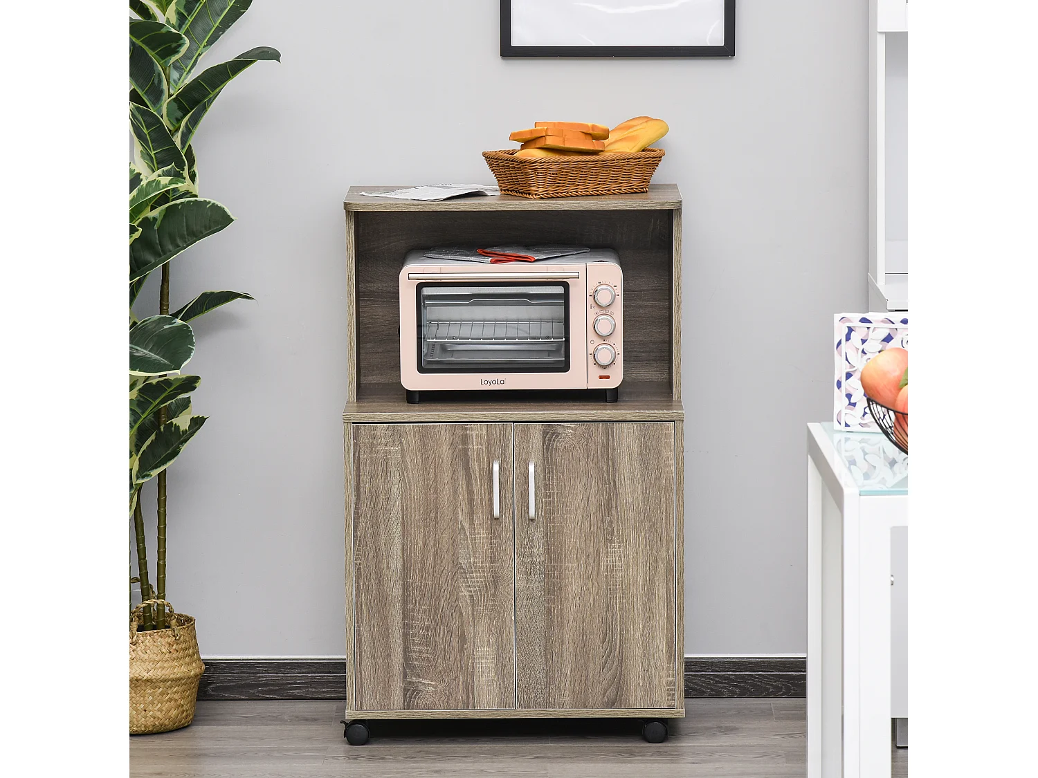 Chariot desserte micro-ondes placard 2 portes - dim. 60,4L x 40,3l x 97H cm - imitation bois