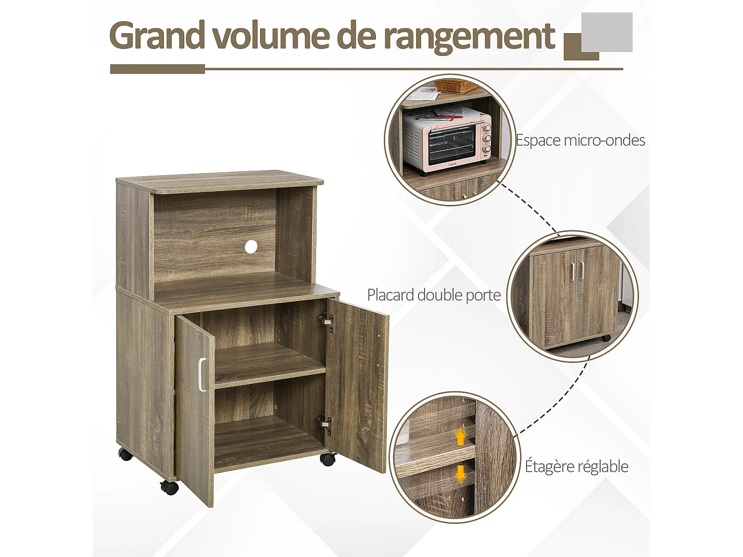 Chariot desserte micro-ondes placard 2 portes - dim. 60,4L x 40,3l x 97H cm - imitation bois